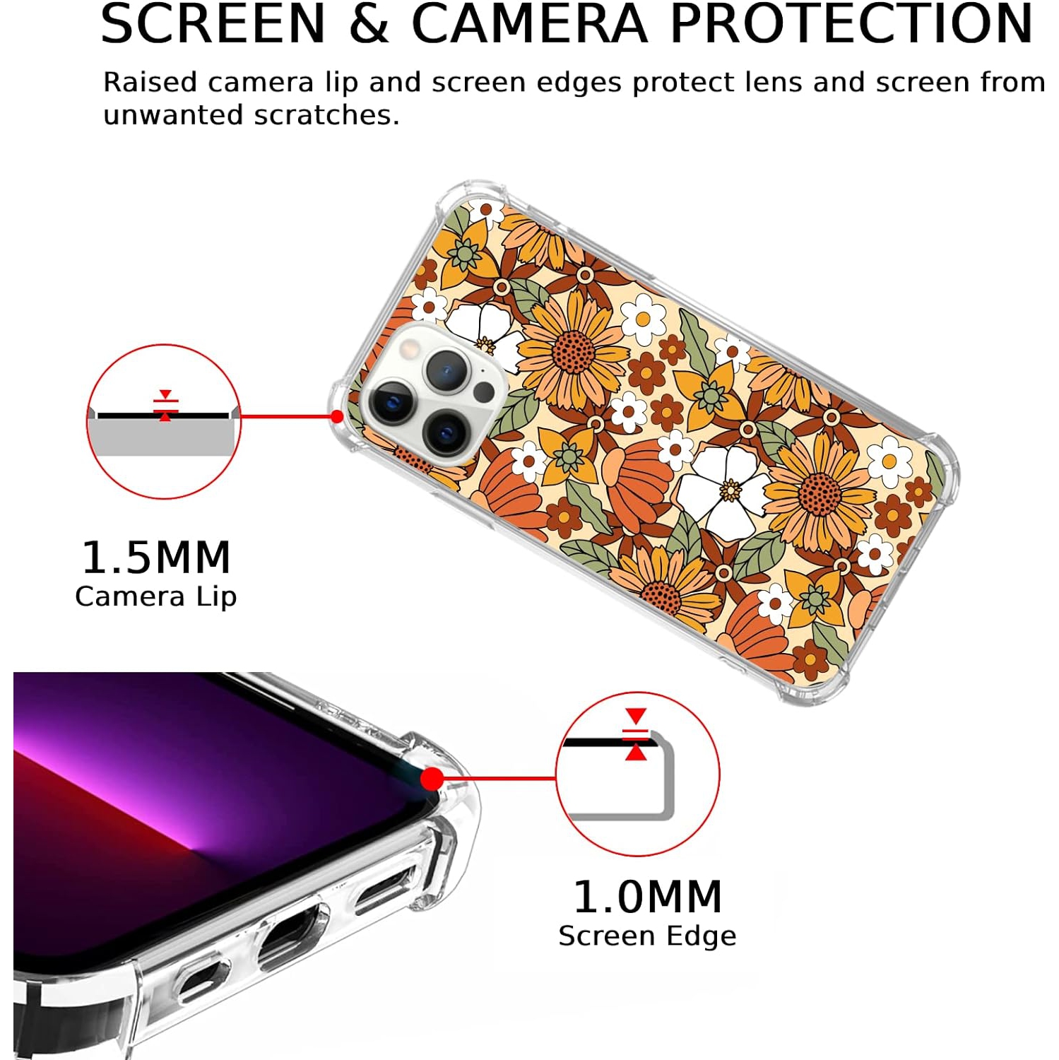 Retro 70s Flowers Case Compatible with iPhone 15 Pro Max, Hippie Groovy Colorful Floral Case for iPhone 15