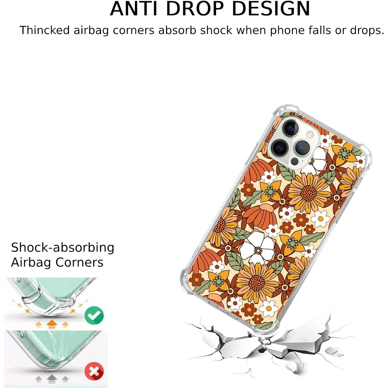 Retro 70s Flowers Case Compatible with iPhone 15 Pro Max, Hippie Groovy Colorful Floral Case for iPhone 15