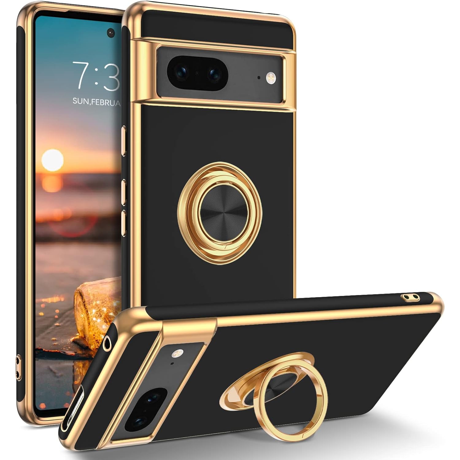 Pixel 7 Case, Google Pixel 7 Case Ring Holder Edge Plating Rotation Kickstand Soft Silicone TPU Bumper Slim