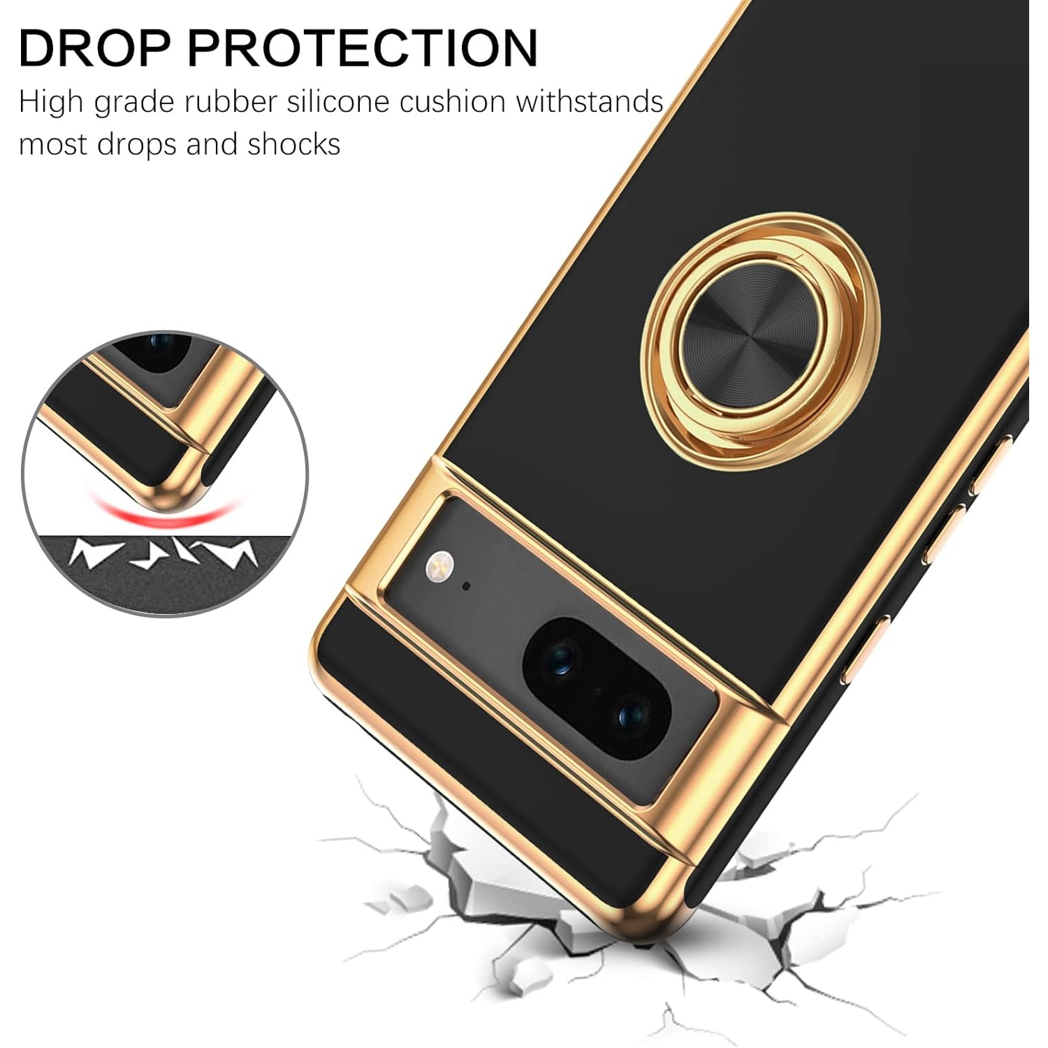 Pixel 7 Case, Google Pixel 7 Case Ring Holder Edge Plating Rotation Kickstand Soft Silicone TPU Bumper Slim