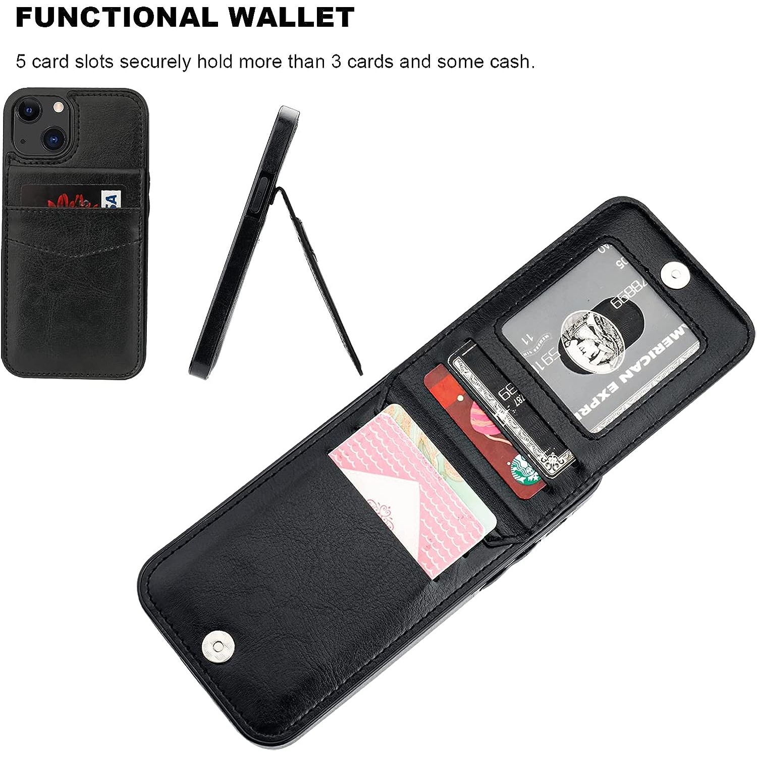 Compatible avec le mini étui portefeuille iPhone 13 avec porte-carte de crédit, béquille en cuir de qualité supérieure avec fermoir magnétique