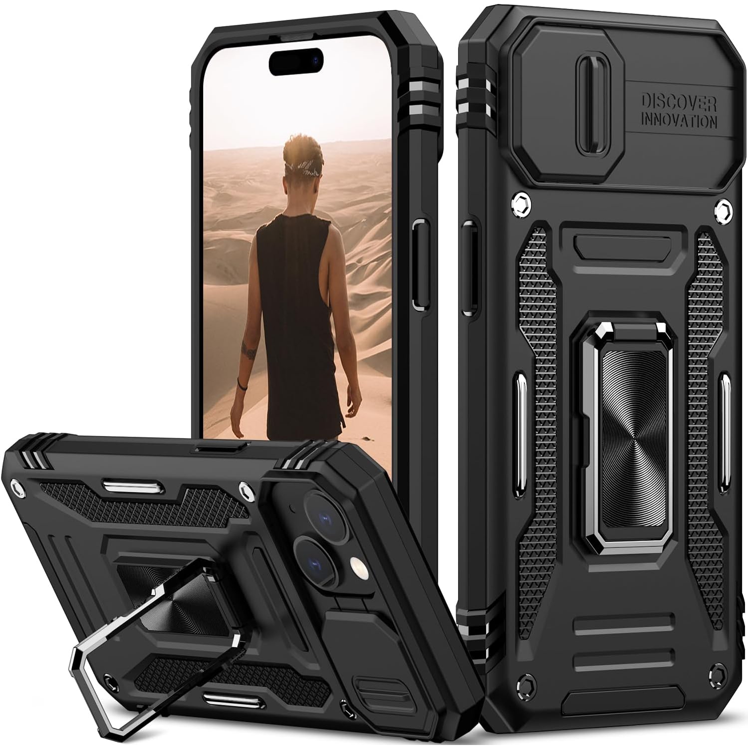 Pour étui iPhone 15 plus avec couvercle coulissant pour appareil photo résistant aux chutes de qualité militaire
