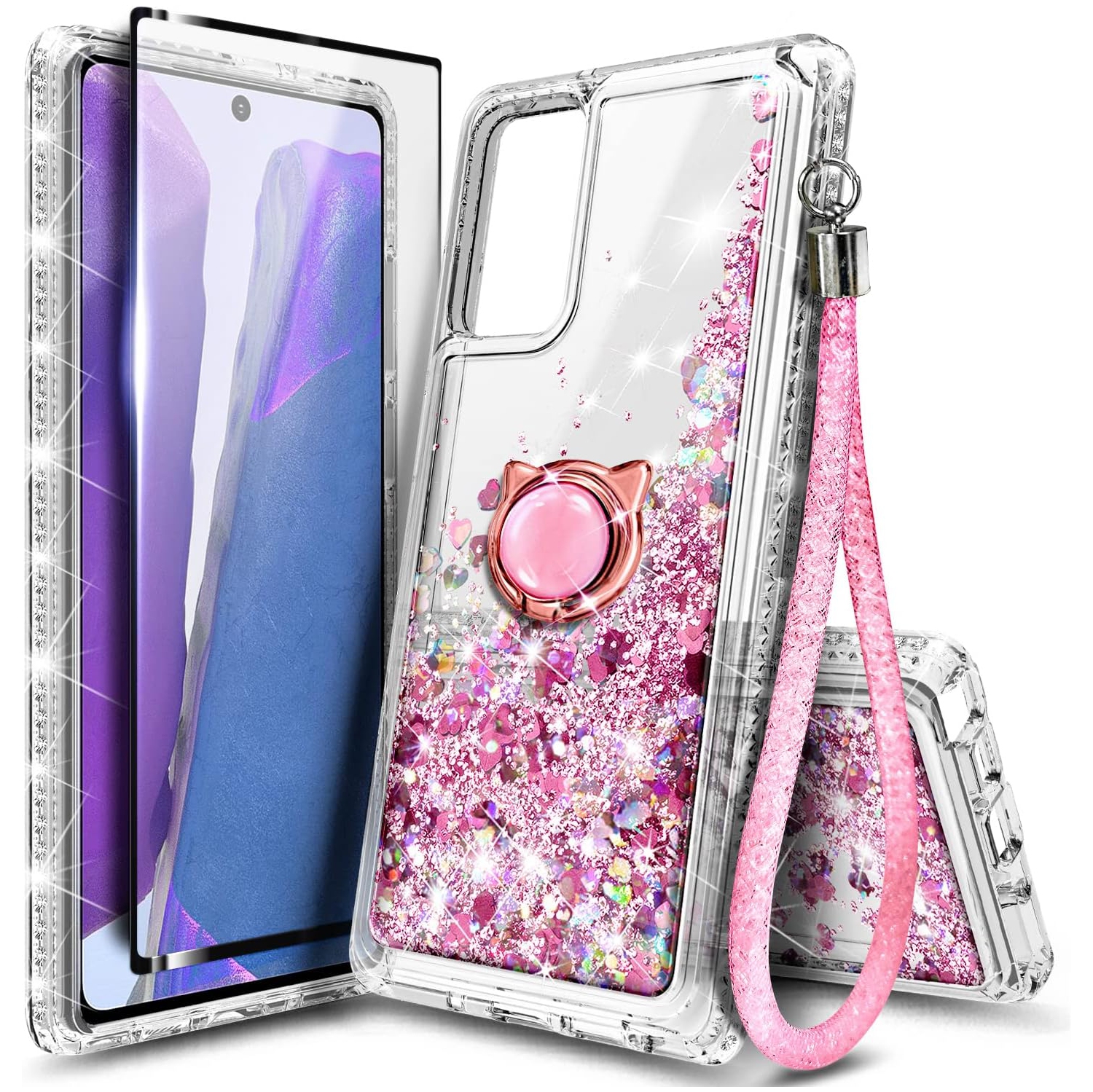 Case for Samsung Galaxy A03S with Tempered Glass Screen Protector (Maximum Coverage), Ring Holder/Wrist Strap,