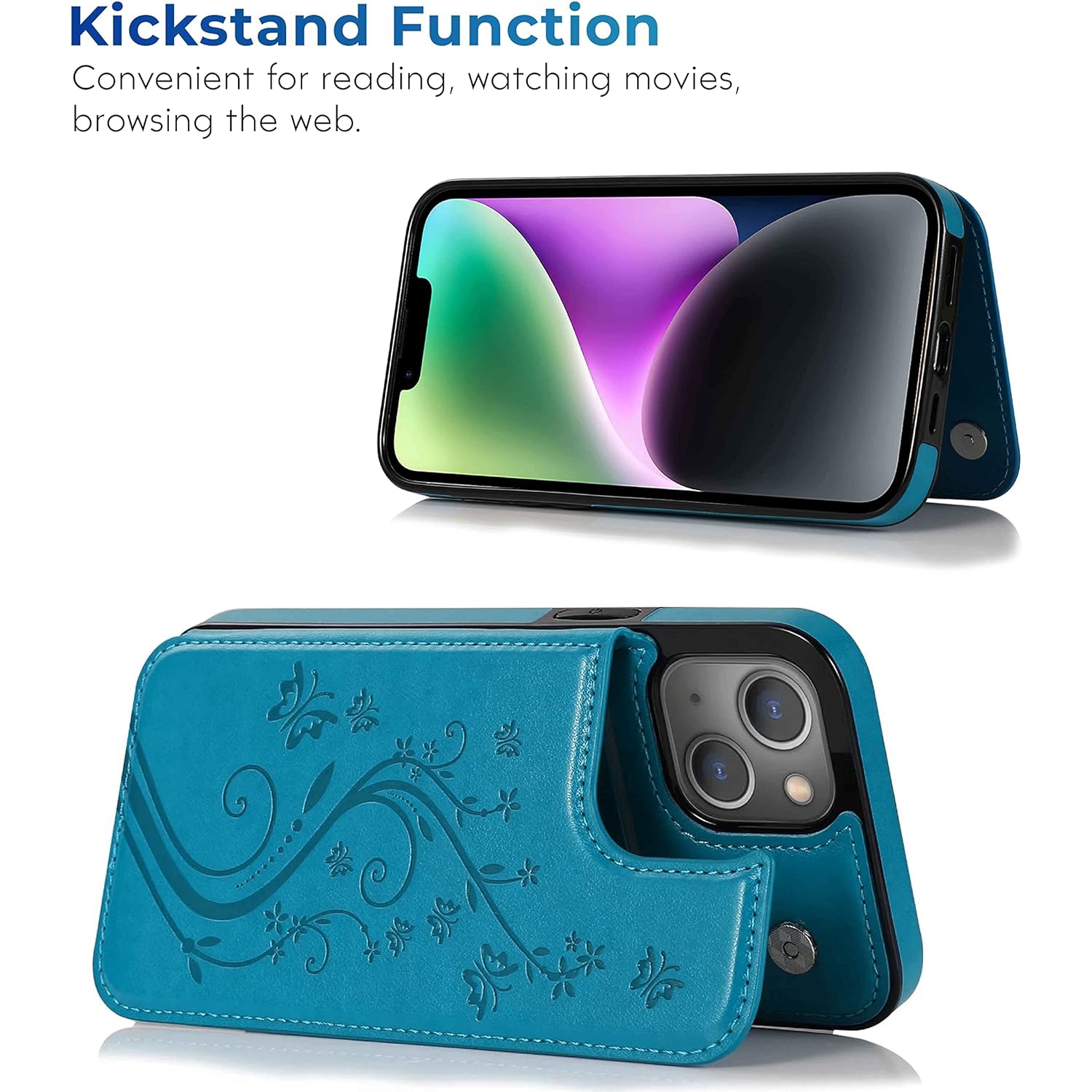 for iPhone 14 Case Wallet with Card Holder Embossed Butterfly Phone Case with Kickstand and Magnetic Closure TPU