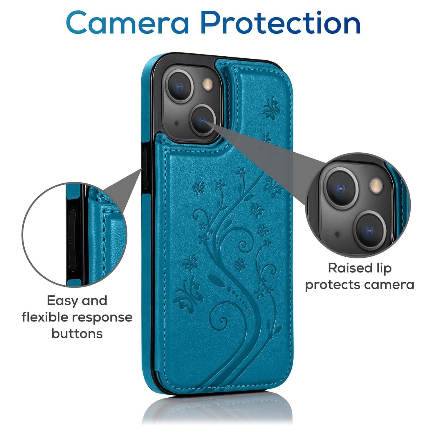 for iPhone 14 Case Wallet with Card Holder Embossed Butterfly Phone Case with Kickstand and Magnetic Closure TPU