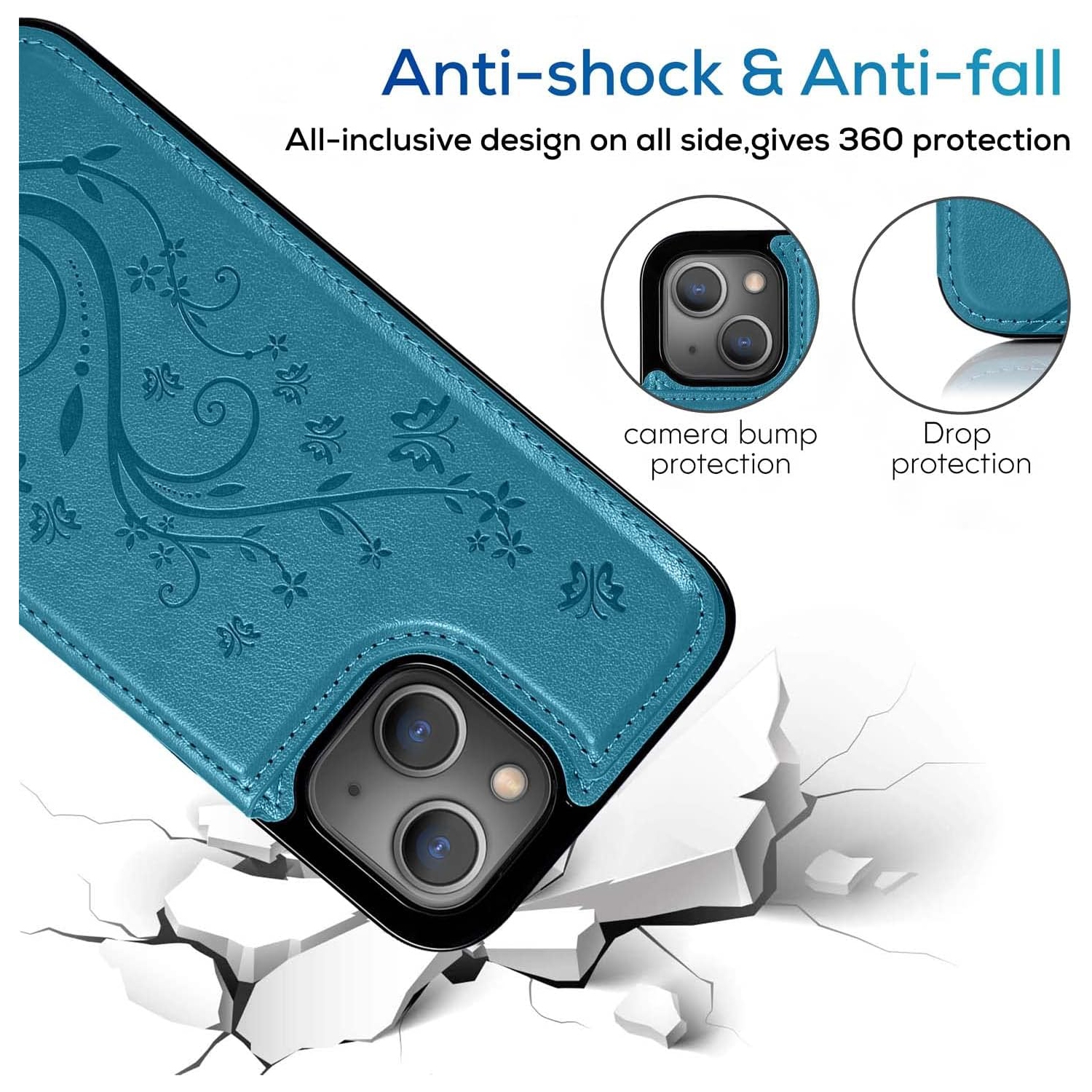 for iPhone 14 Case Wallet with Card Holder Embossed Butterfly Phone Case with Kickstand and Magnetic Closure TPU