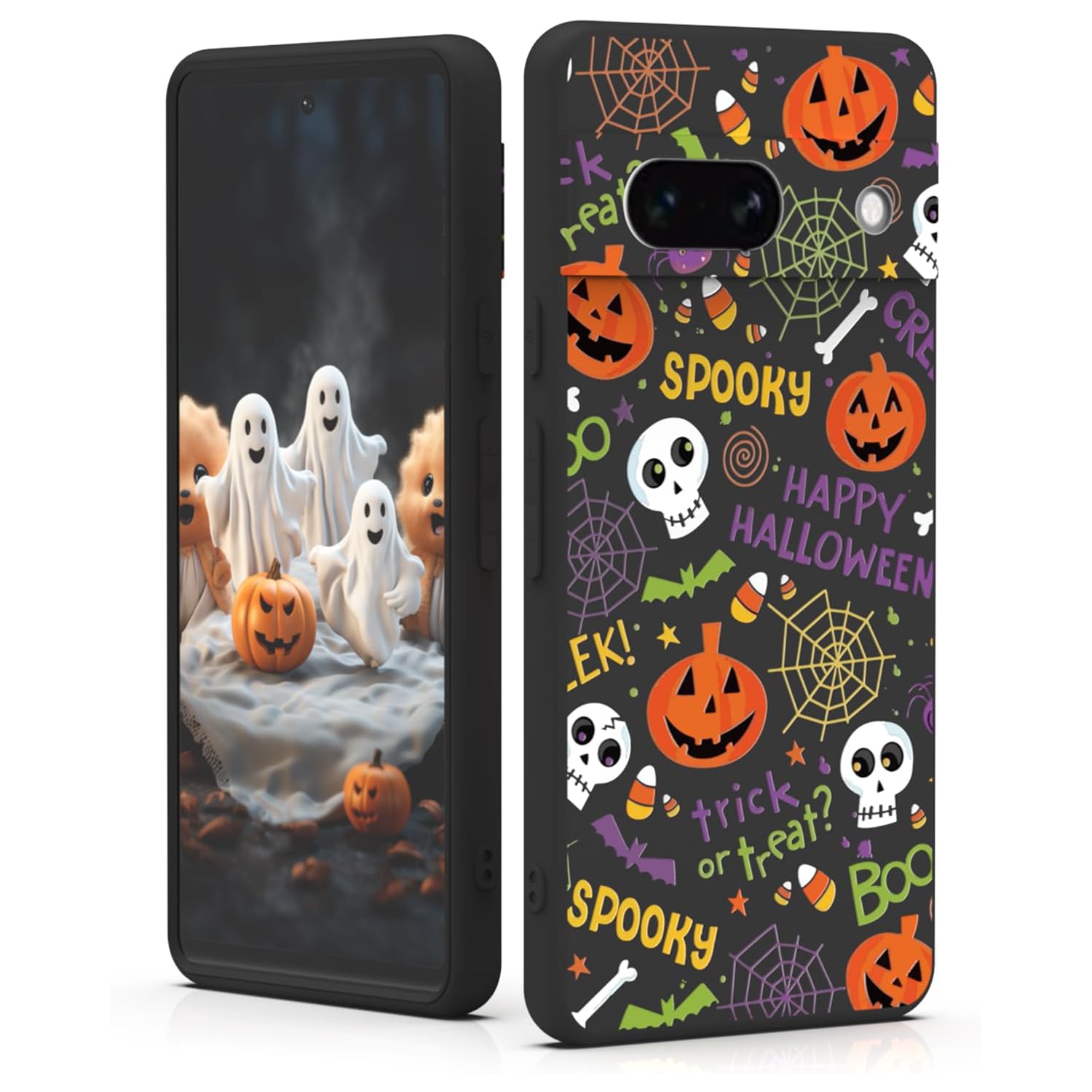 Étui pour Google Pixel 7&nbsp;A Halloween Ghost Pumpkin conçu, noir mat souple ajusté TPU anti-rayures