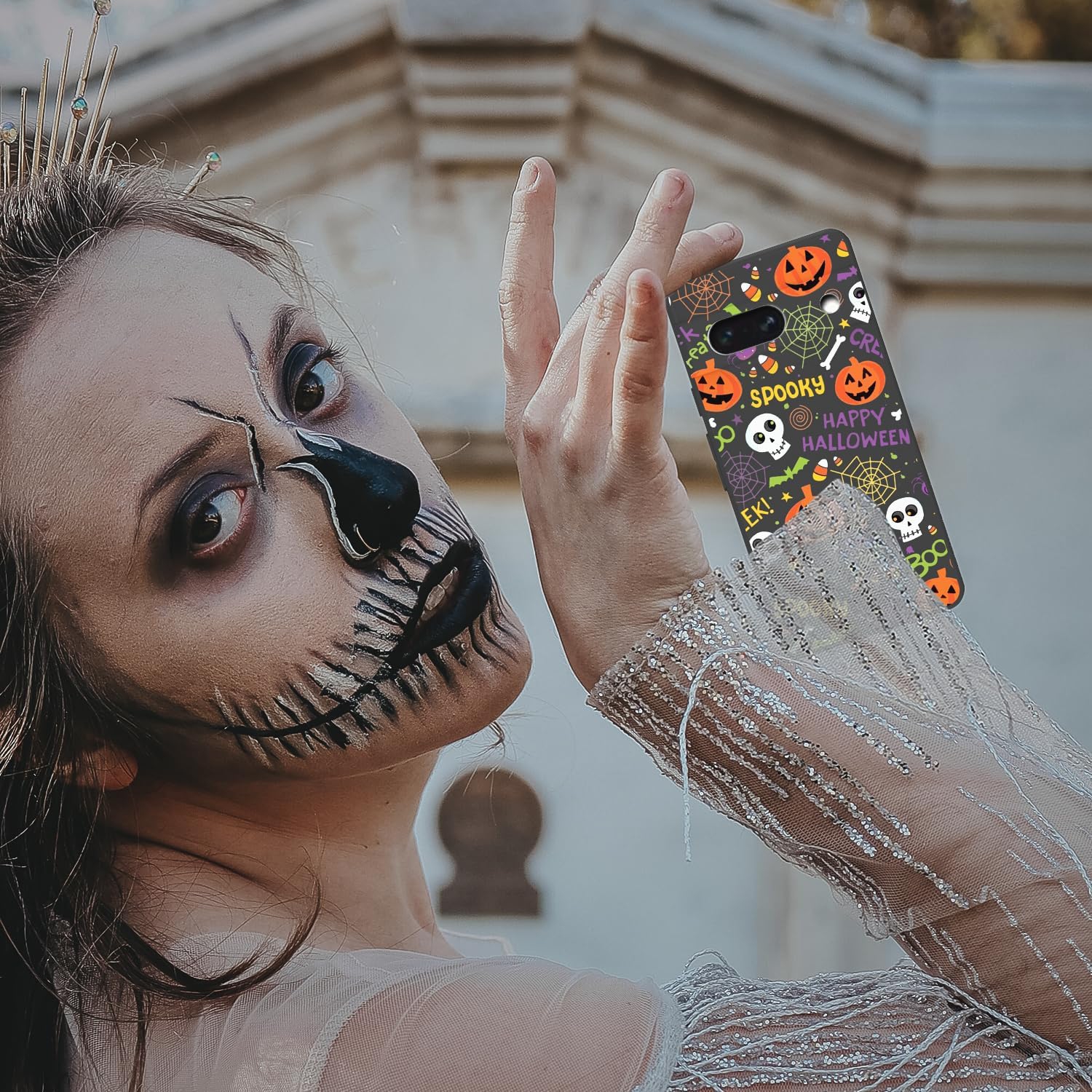 Étui pour Google Pixel 7&nbsp;A Halloween Ghost Pumpkin conçu, noir mat souple ajusté TPU anti-rayures