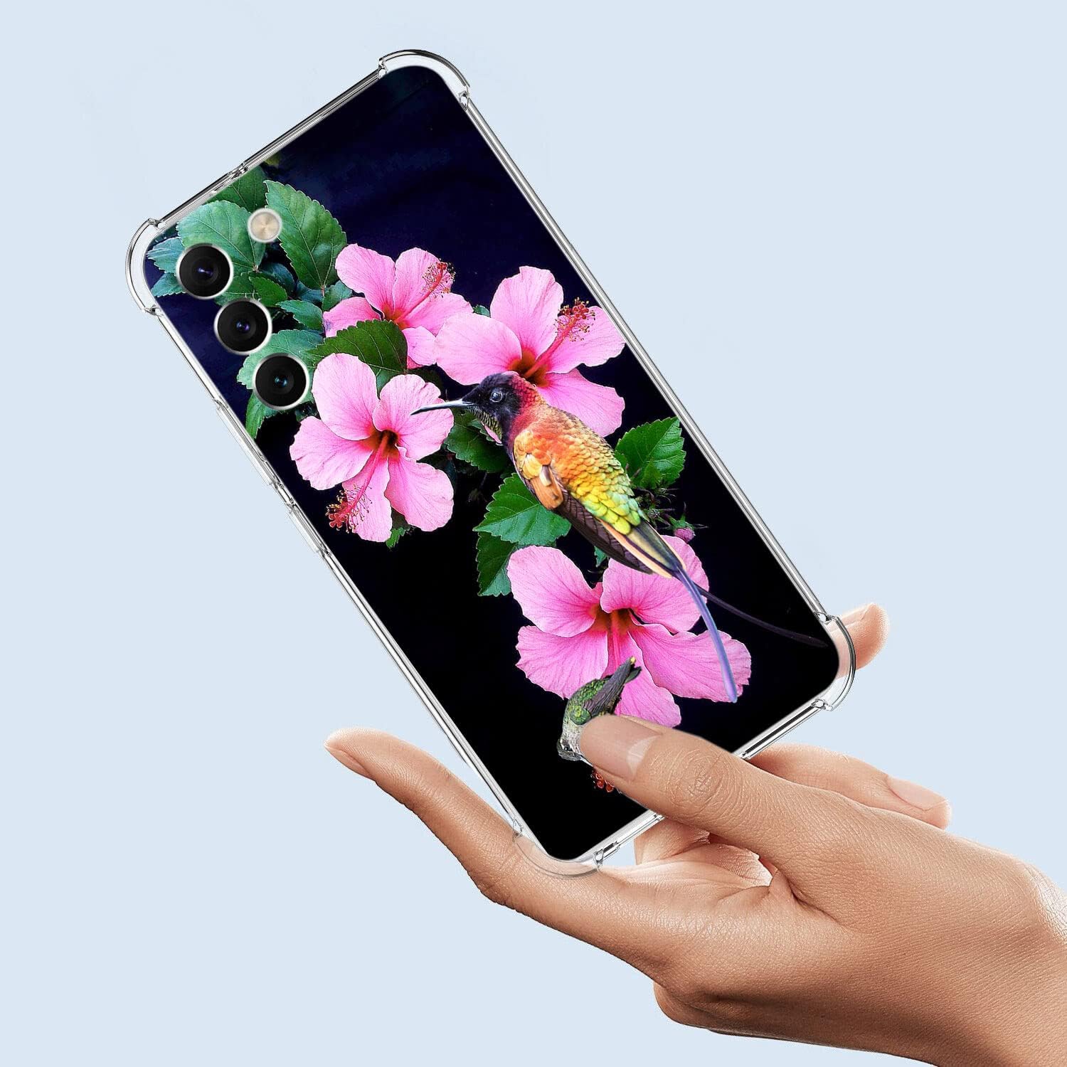 Étui pour Galaxy S23 plus, étui antichoc Hummingbirds Pink Flowers, TPUR, protection intégrale