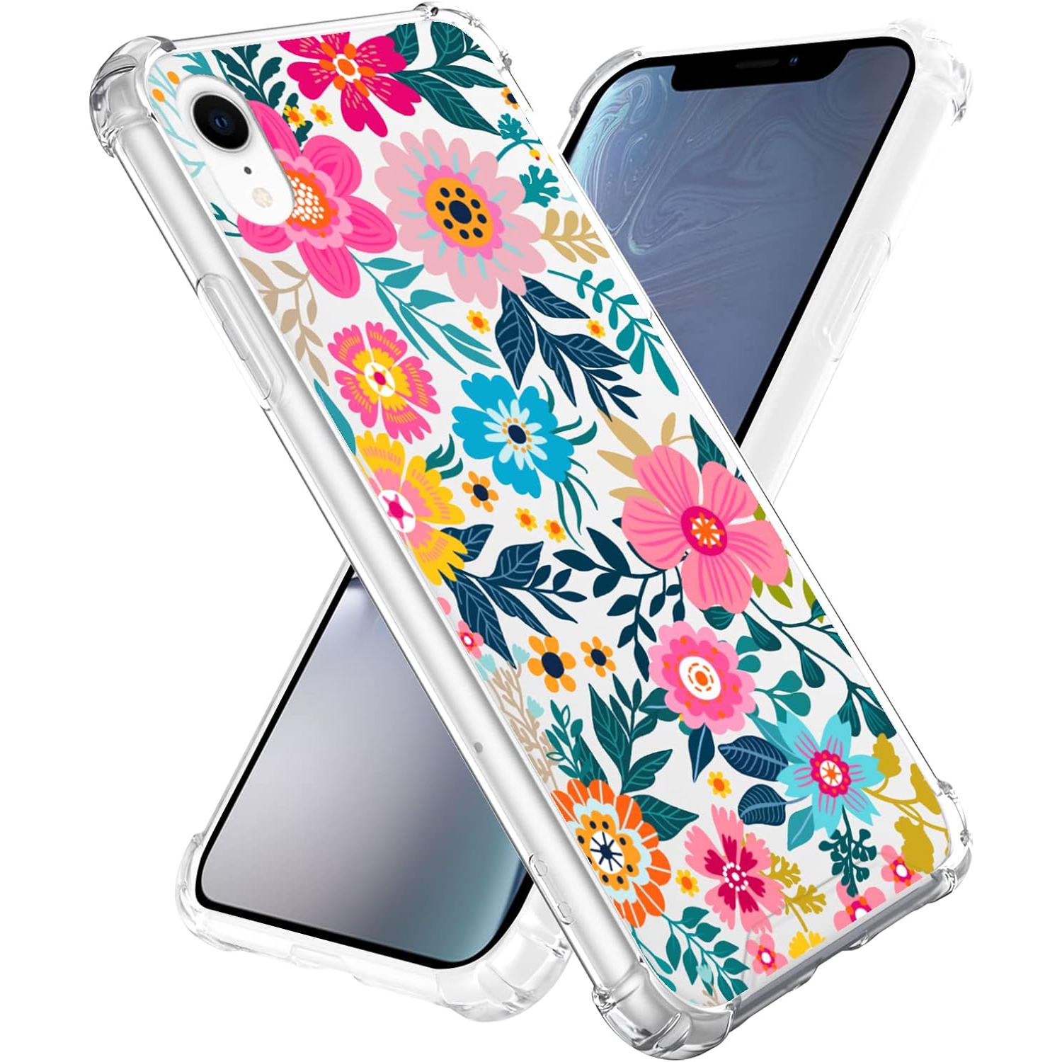 for iPhone XR Case Clear Cute Loopy Colorful Blooming Flower Floral Phone Case for Women Girls - 6.1 Inch