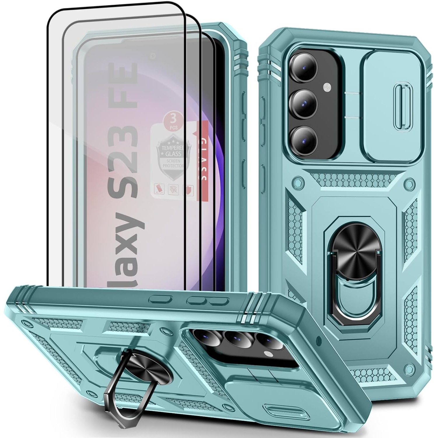 Étui pour Galaxy S23 FE de Samsung, étui pour Galaxy S23 FE avec protecteur d'écran en verre trempé pour 3 PC et béquille intégrée pour support de