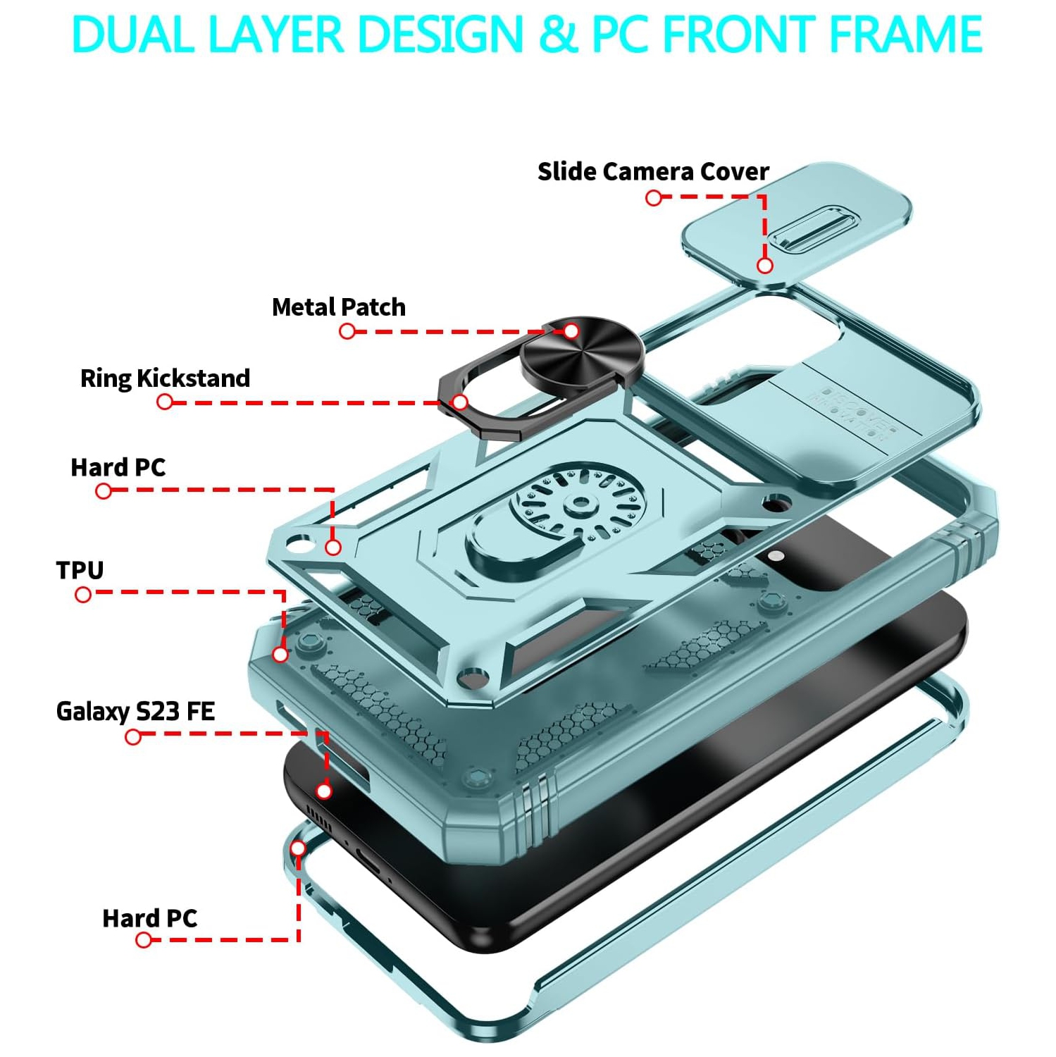 Étui pour Galaxy S23 FE de Samsung, étui pour Galaxy S23 FE avec protecteur d'écran en verre trempé pour 3 PC et béquille intégrée pour support de