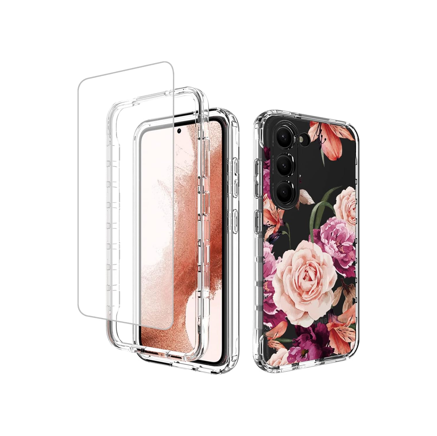 Étui pour Galaxy S23 plus, S23+ de Samsung avec protecteur d'écran en verre trempé, modèle floral antichoc