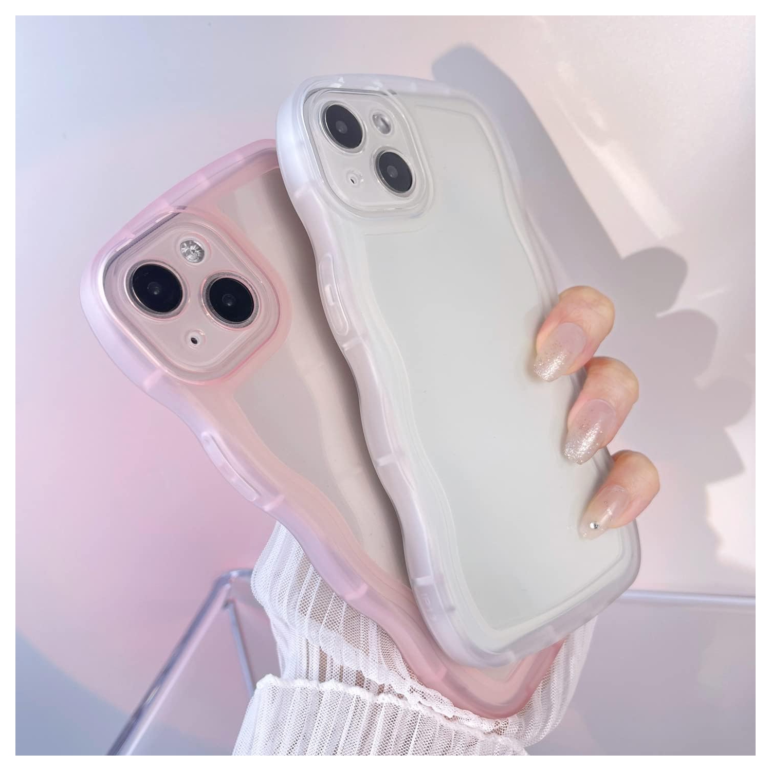 Compatible with iPhone 15 Plus Clear Case,Cute Solid Color Curly Wave Frame Transparent Soft Silicone