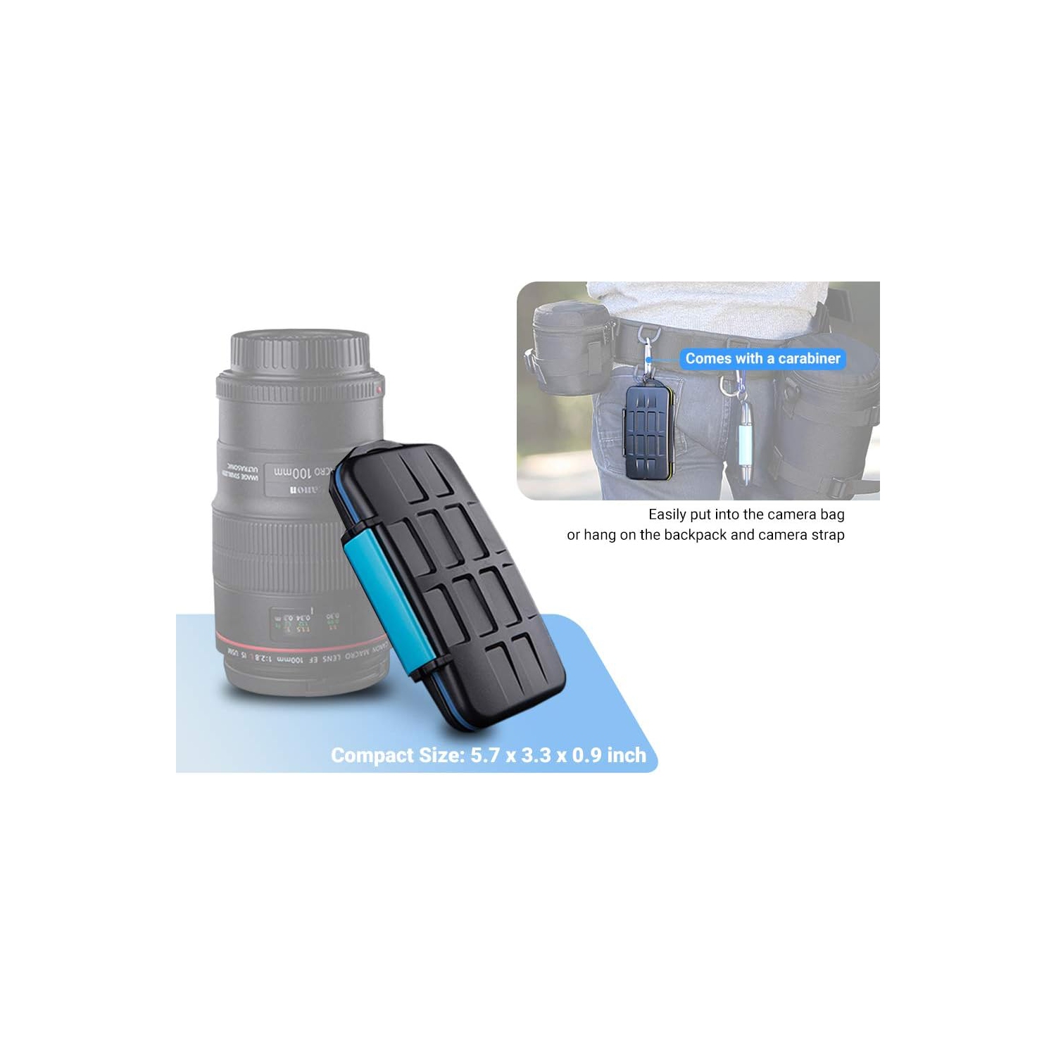 36 fentes; Étui pour cartes SD; Étui pour cartes microSD; porte-cartes CF; espace de stockage pour cartes microSD de 18 Go; Carte SD de 12 Go