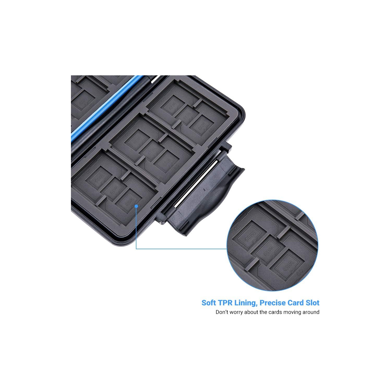 36 fentes; Étui pour cartes SD; Étui pour cartes microSD; porte-cartes CF; espace de stockage pour cartes microSD de 18 Go; Carte SD de 12 Go