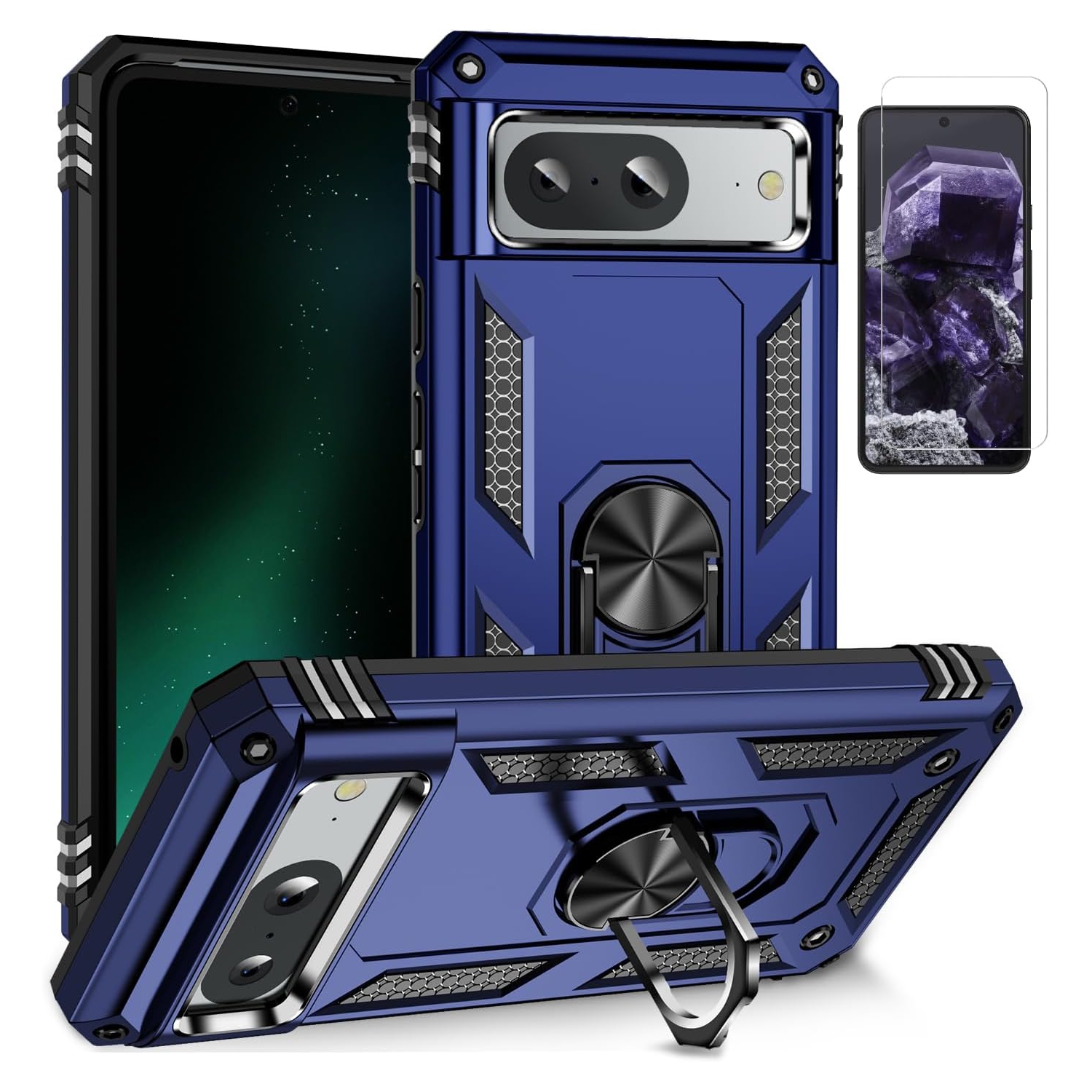 for Google Pixel 8 case with Screen Protector,Pixel 8 Phone case,360 Degree Rotation Ring Kickstand Military-Grade