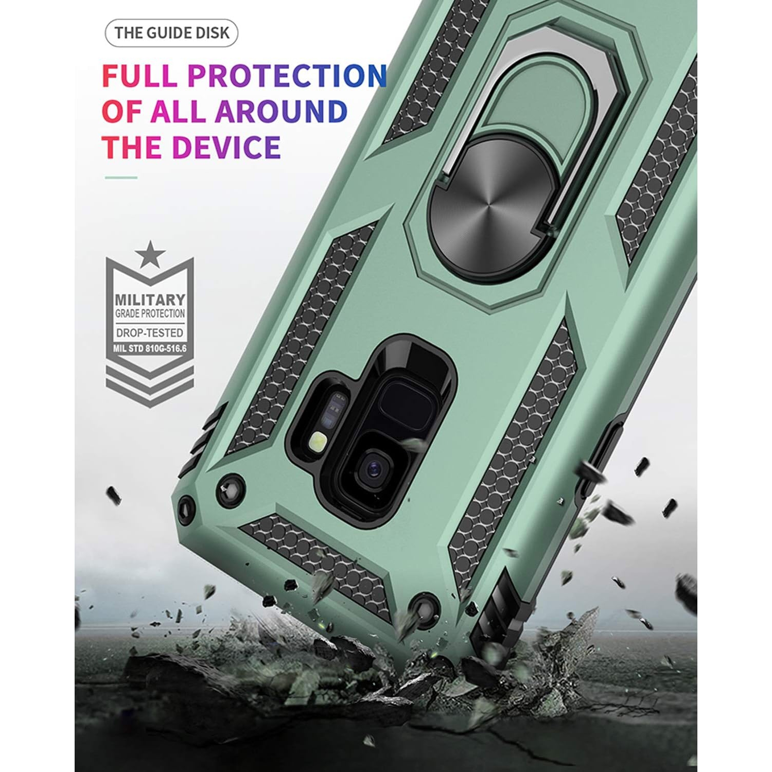 Étui pour Galaxy S9, étui protecteur robuste Shockproof de qualité militaire, avec béquille en métal à anneau rotatif à 360° S9