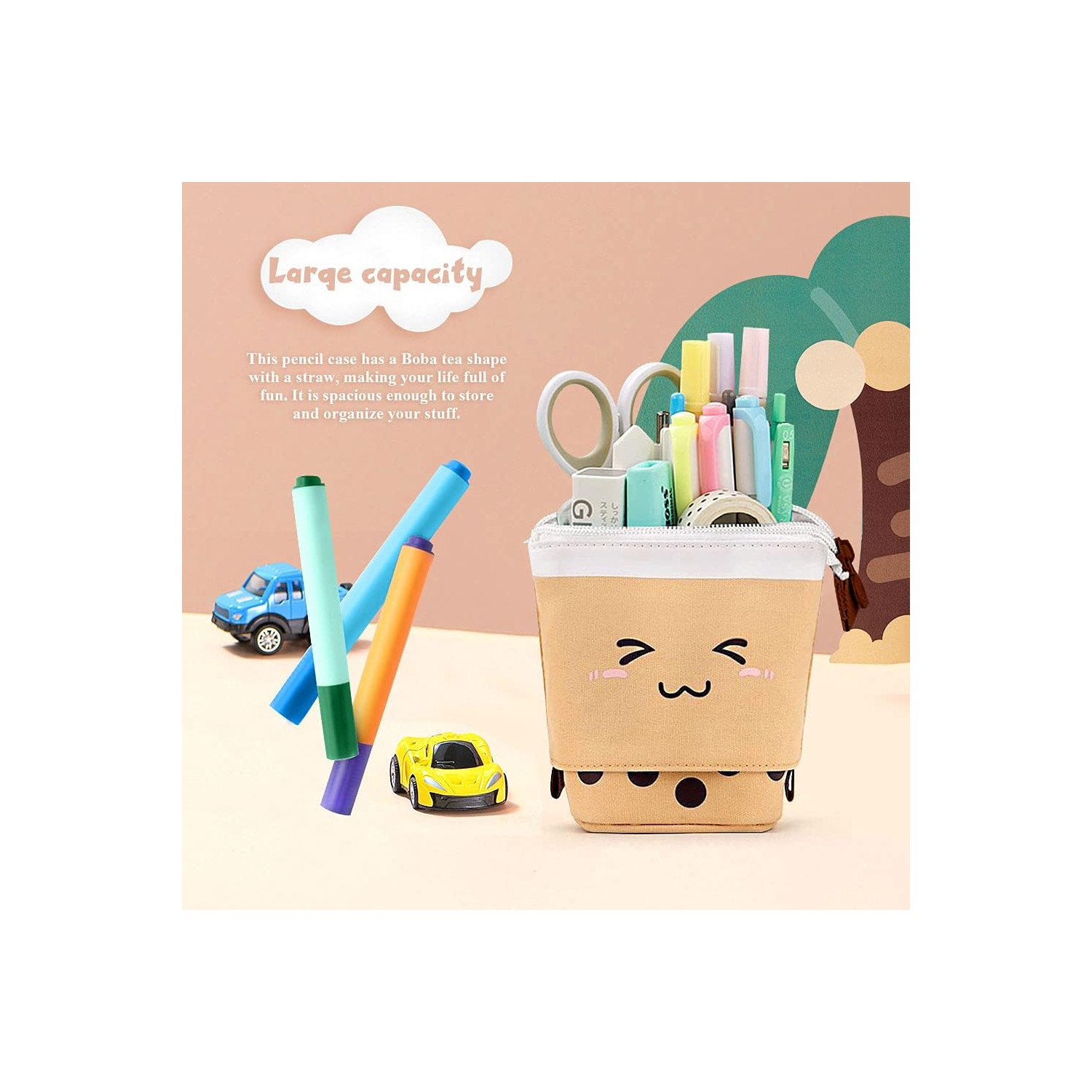 Boba Cute Standing Pencil Case for Kids, Pop Up Pencil Box Makeup Pouch, Stand UP Christmas Gift kids Pen Holder