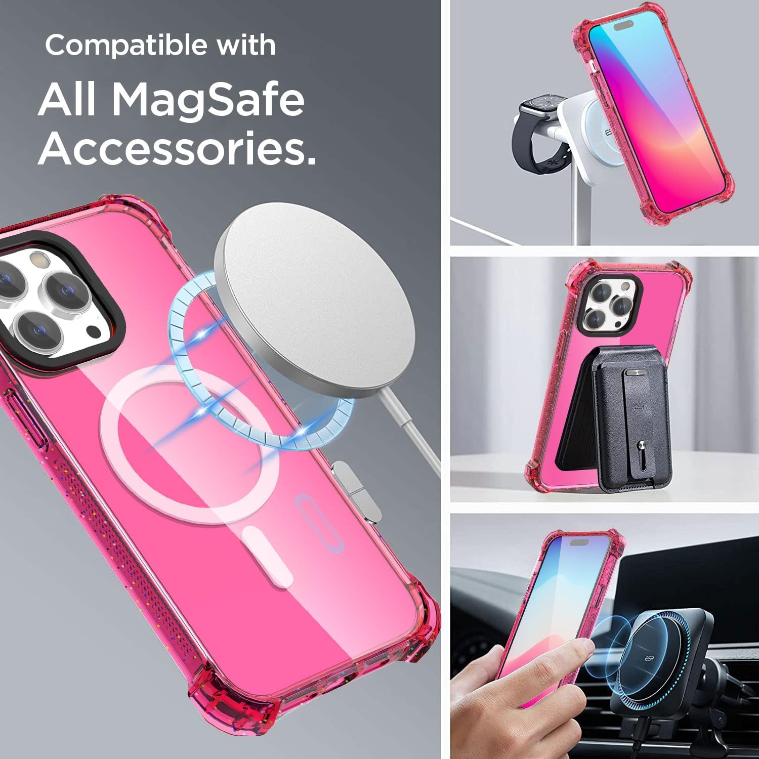 Bounce Case Compatible with iPhone 15 Pro Max Neon Hot Pink Compatible with Mag Safe, Impact Clear Shockproof