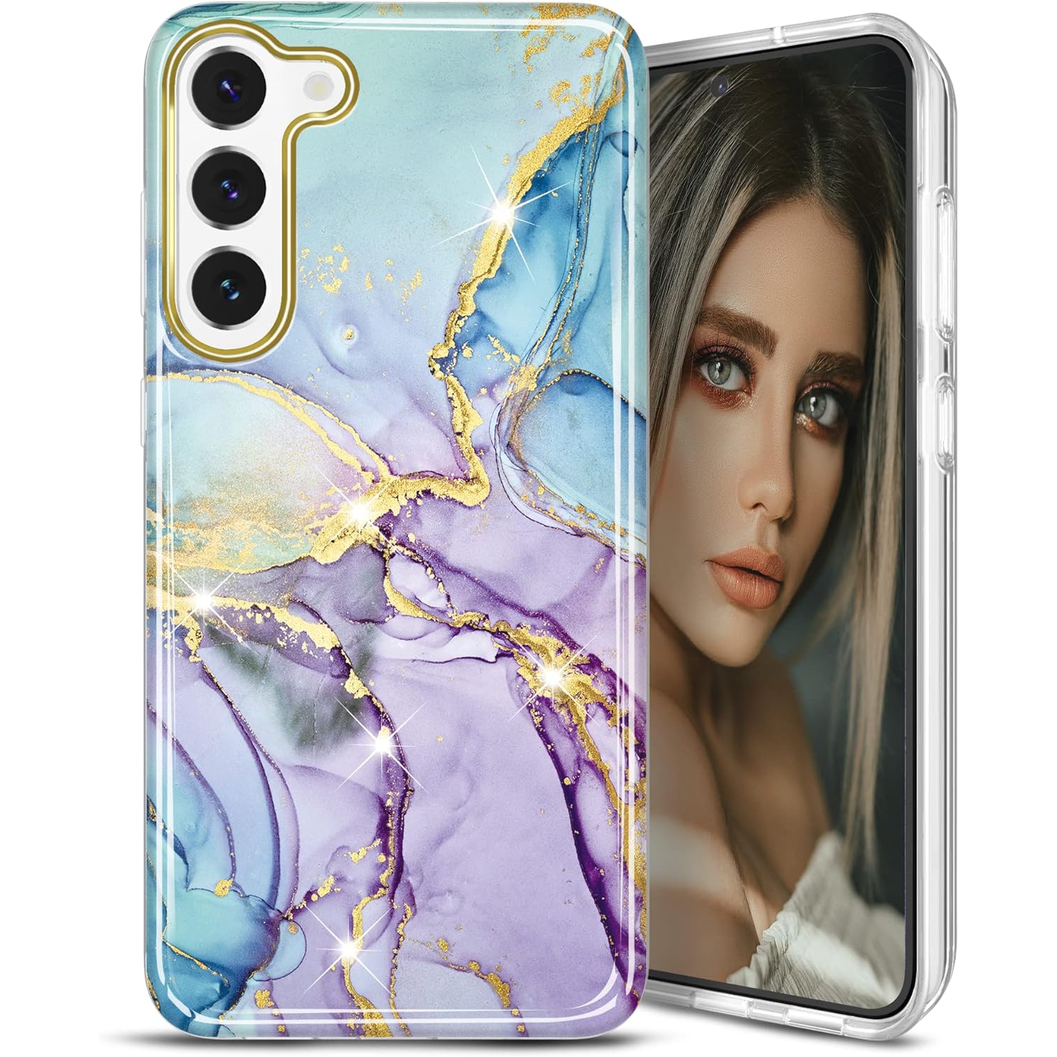 Étui mince antichoc en TPUR doré scintillant marbré pour Galaxy S23 plus. Étui souple en silicone et silicone