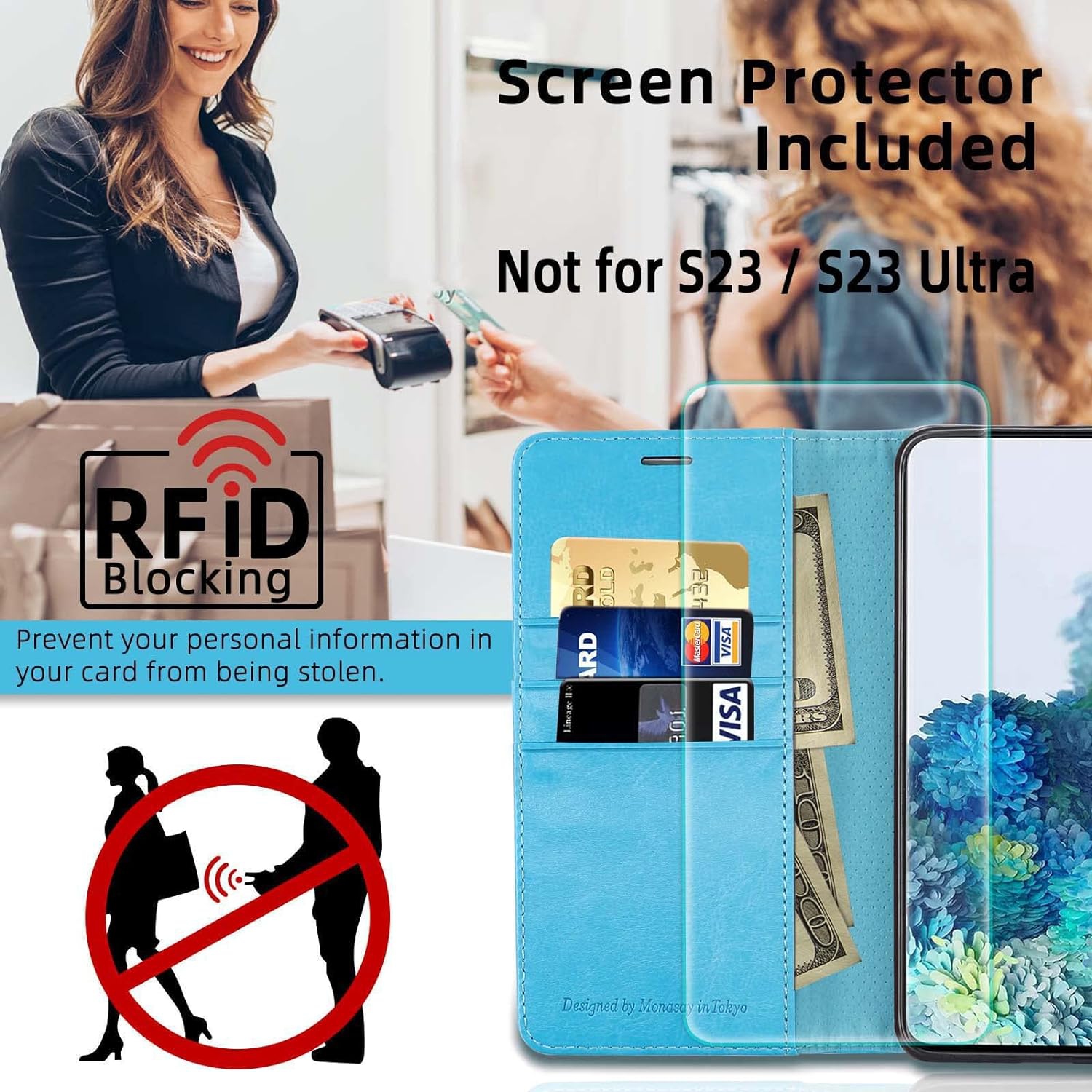 Étui portefeuille pour Galaxy S23+plus 5G, [anti-RFID] étui folio rabattable en cuir pour téléphone cellulaire avec porte-carte de crédit