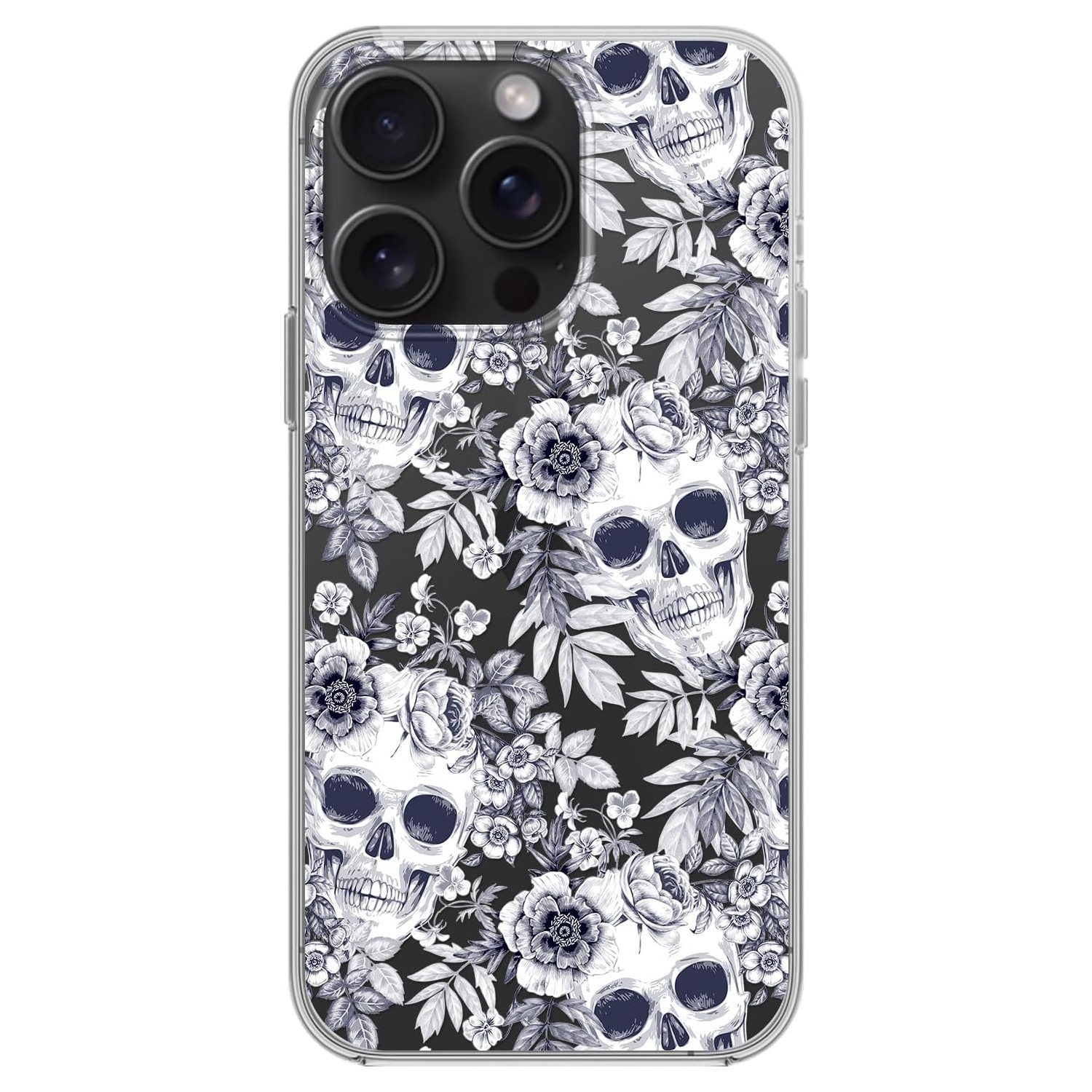 for iPhone 15 Pro Max Case, Retro Floral Skull Pattern Vintage Art Design Transparent Soft TPU Protective