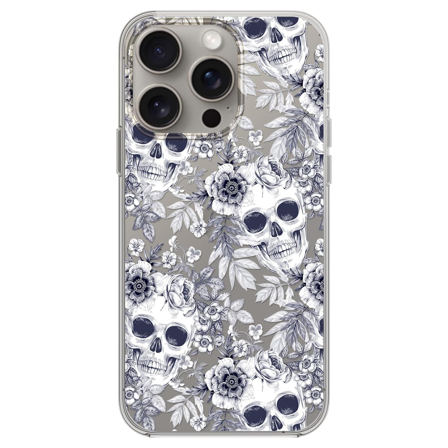 for iPhone 15 Pro Max Case, Retro Floral Skull Pattern Vintage Art Design Transparent Soft TPU Protective