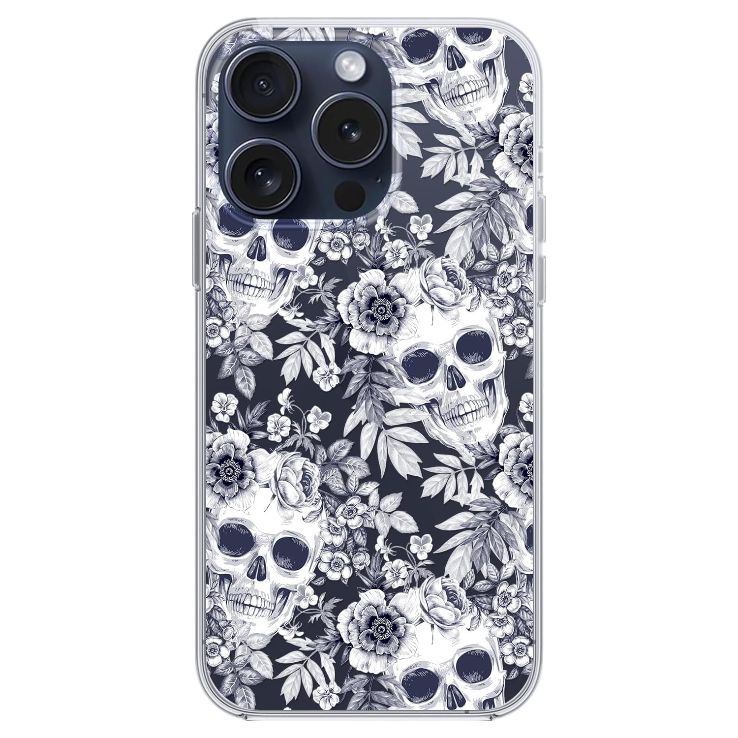 for iPhone 15 Pro Max Case, Retro Floral Skull Pattern Vintage Art Design Transparent Soft TPU Protective