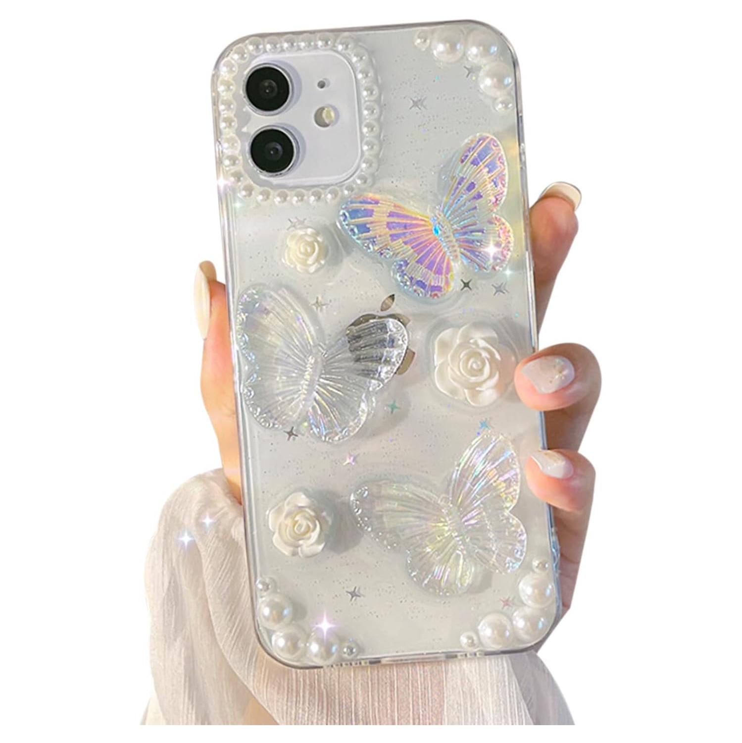 Cute Retro 3D Butterfly Aesthetic Phone case for iPhone 12 Mini Case Clear Glitter Bling for Women Girls - 5.4