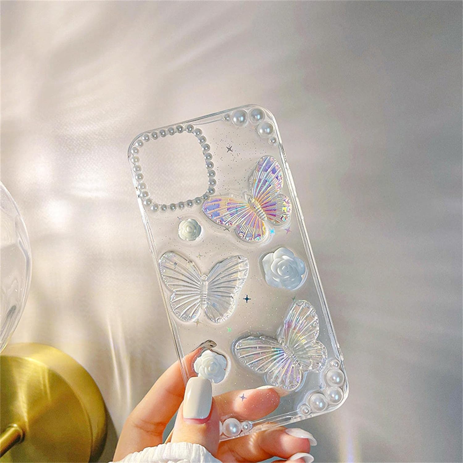 Cute Retro 3D Butterfly Aesthetic Phone case for iPhone 12 Mini Case Clear Glitter Bling for Women Girls - 5.4