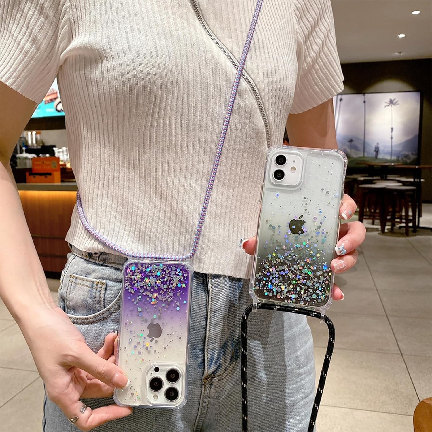 for iPhone 14 Plus Strap Case with Crossbody Lanyard,Clear Glitter Shiny Bling Sparkle Shockproof Cover