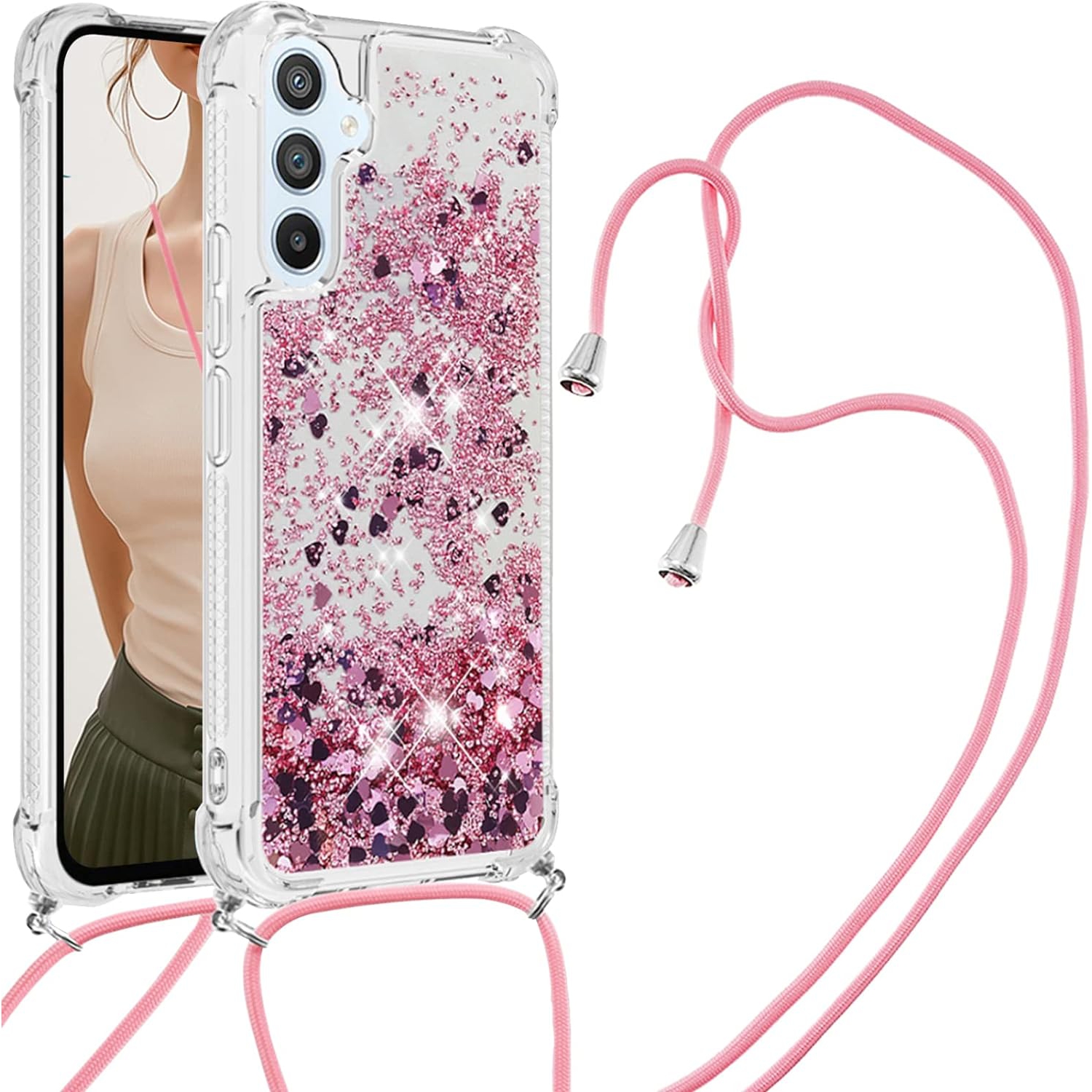 Long Crossbody Lanyard Clear Case for Samsung Galaxy A34 5G with Adjustable Neck Strap, Glitter Sparkly Bling