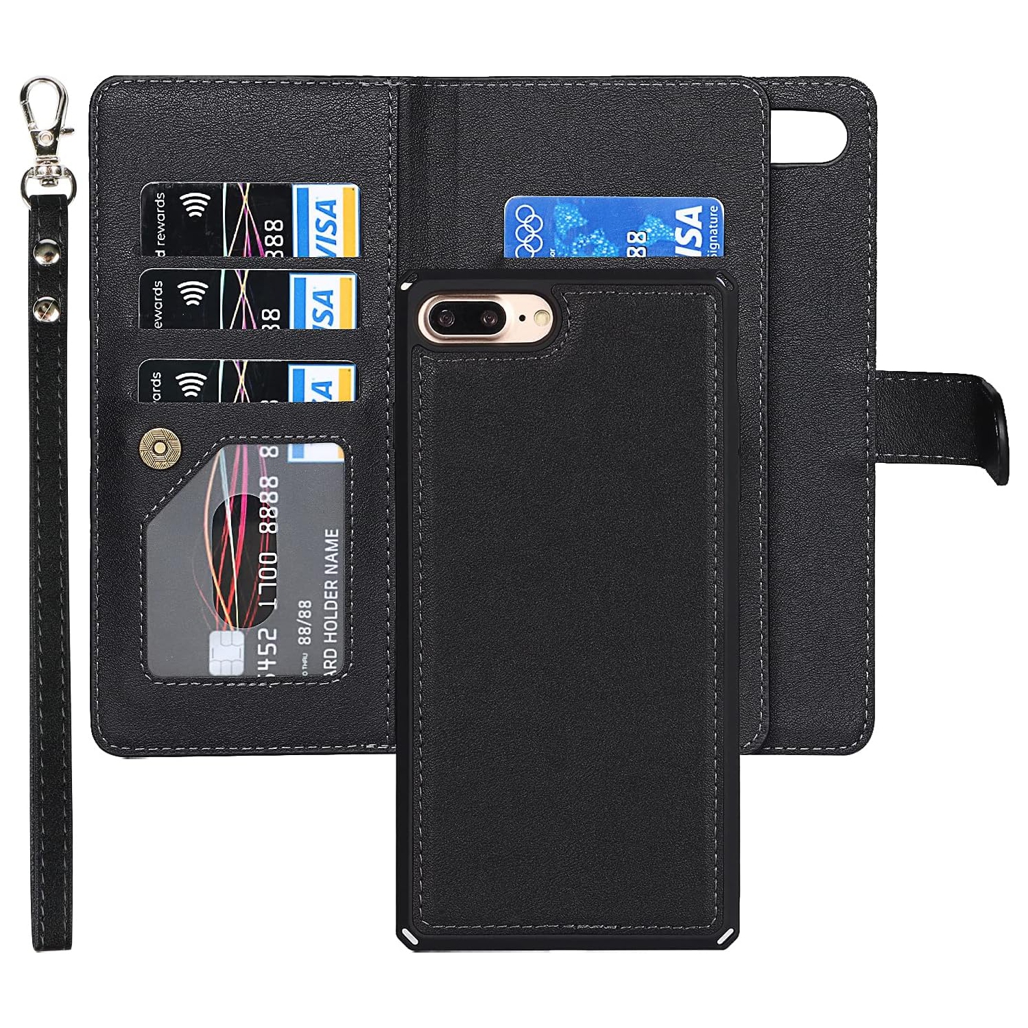 for iPhone 8 Plus/7 Plus Wallet Case with Card Holder and Wrist Strap, PU Leather Kickstand Card Slots