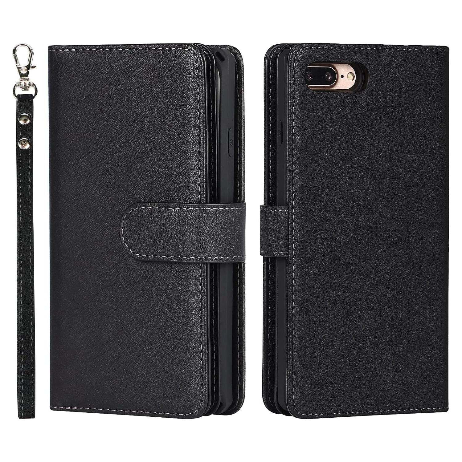 Étui-portefeuille pour iPhone 8 plus/7 plus avec porte-carte et dragonne, béquille en polyuréthane avec fentes pour cartes