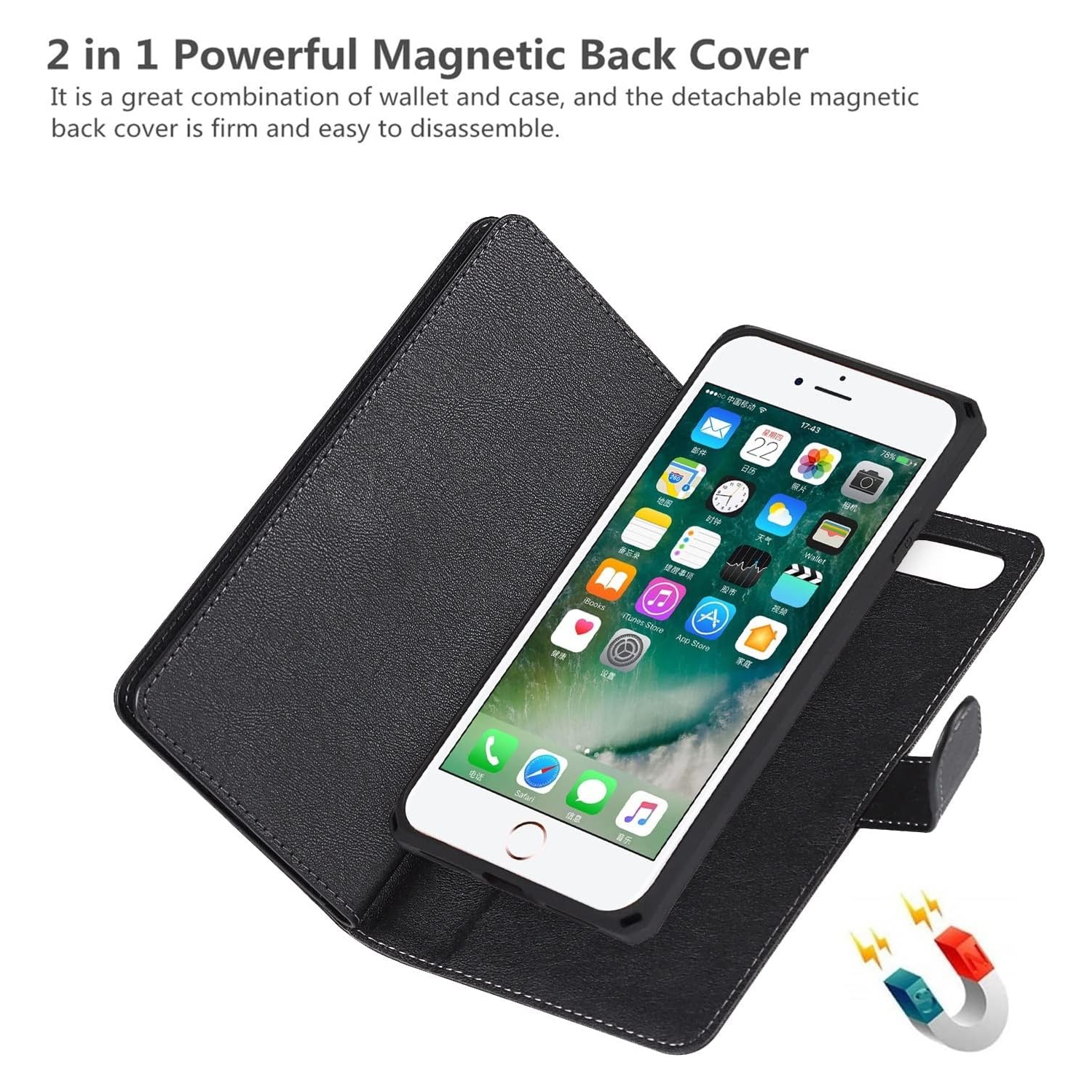 Étui-portefeuille pour iPhone 8 plus/7 plus avec porte-carte et dragonne, béquille en polyuréthane avec fentes pour cartes