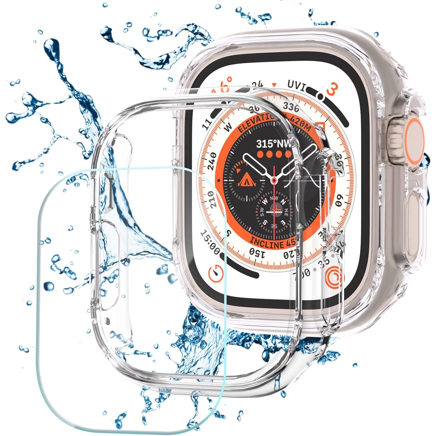 Ensemble de 2 + 2 étuis pour Apple Watch Ultra Series 8 49&nbsp;mm avec protecteur d'écran en verre trempé 9H, PC ultra-mince rigide