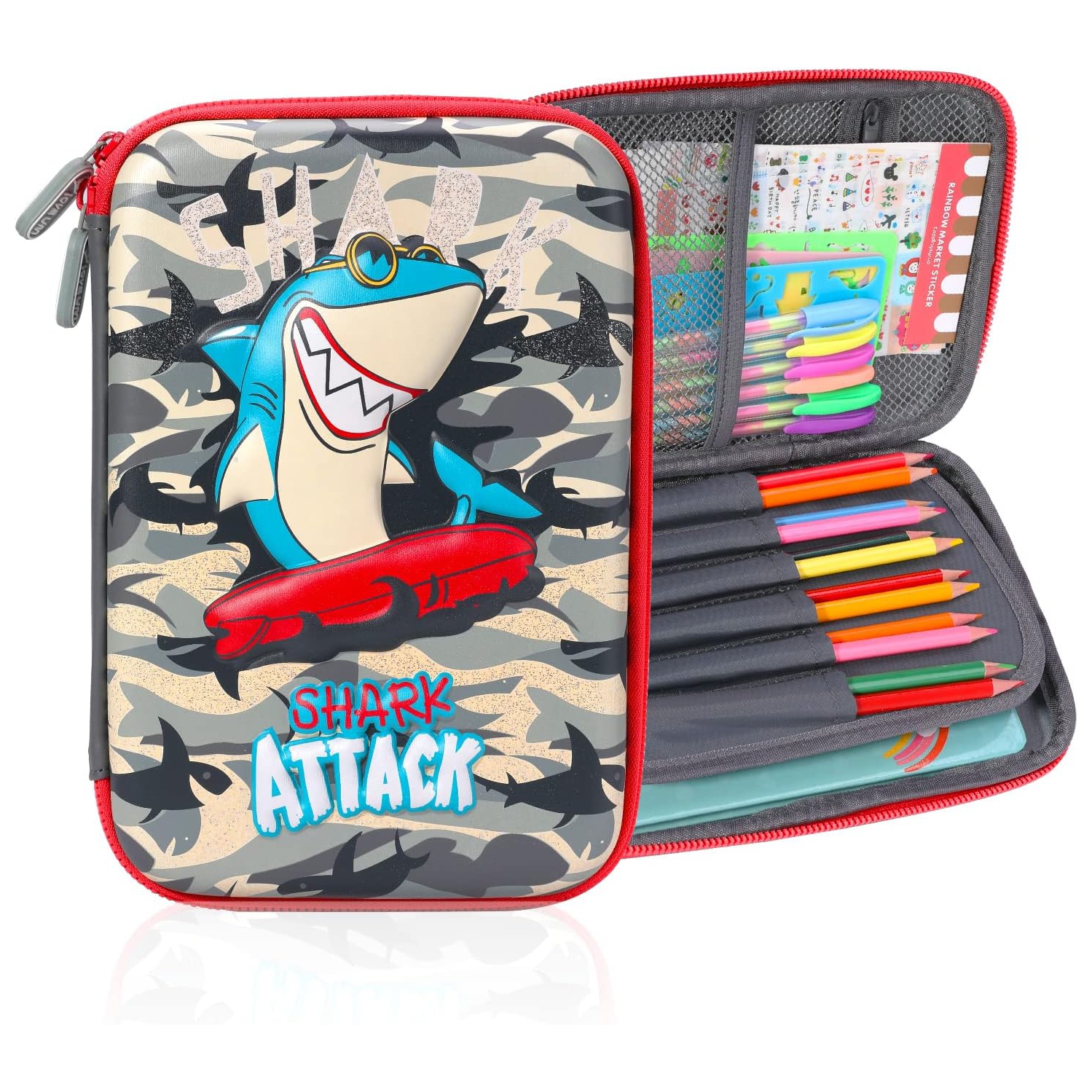 Brave Shark – Étui à crayons avec plusieurs compartiments pour enfants, pochette en EVA pour stylo grande capacité