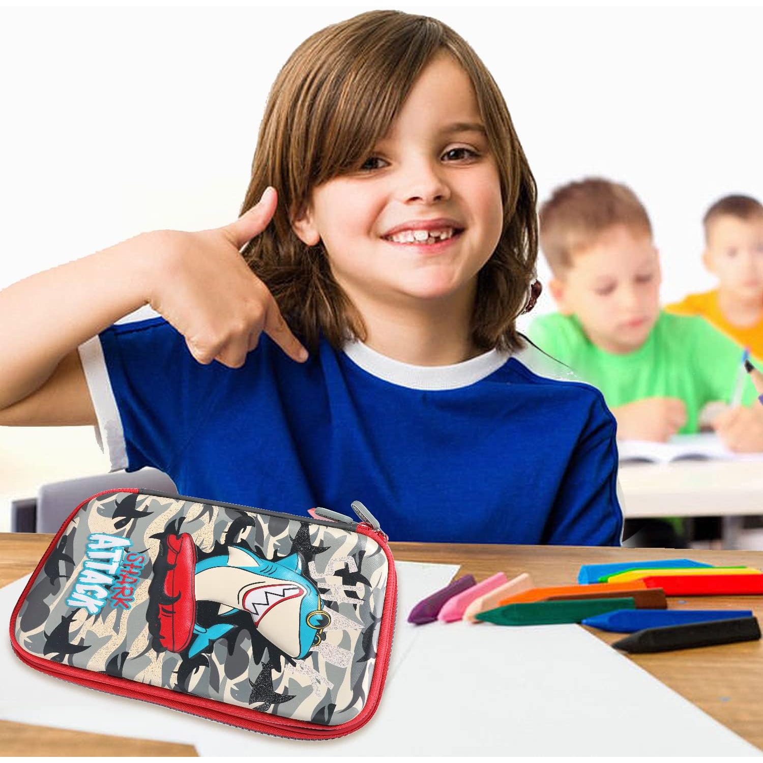 Brave Shark – Étui à crayons avec plusieurs compartiments pour enfants, pochette en EVA pour stylo grande capacité