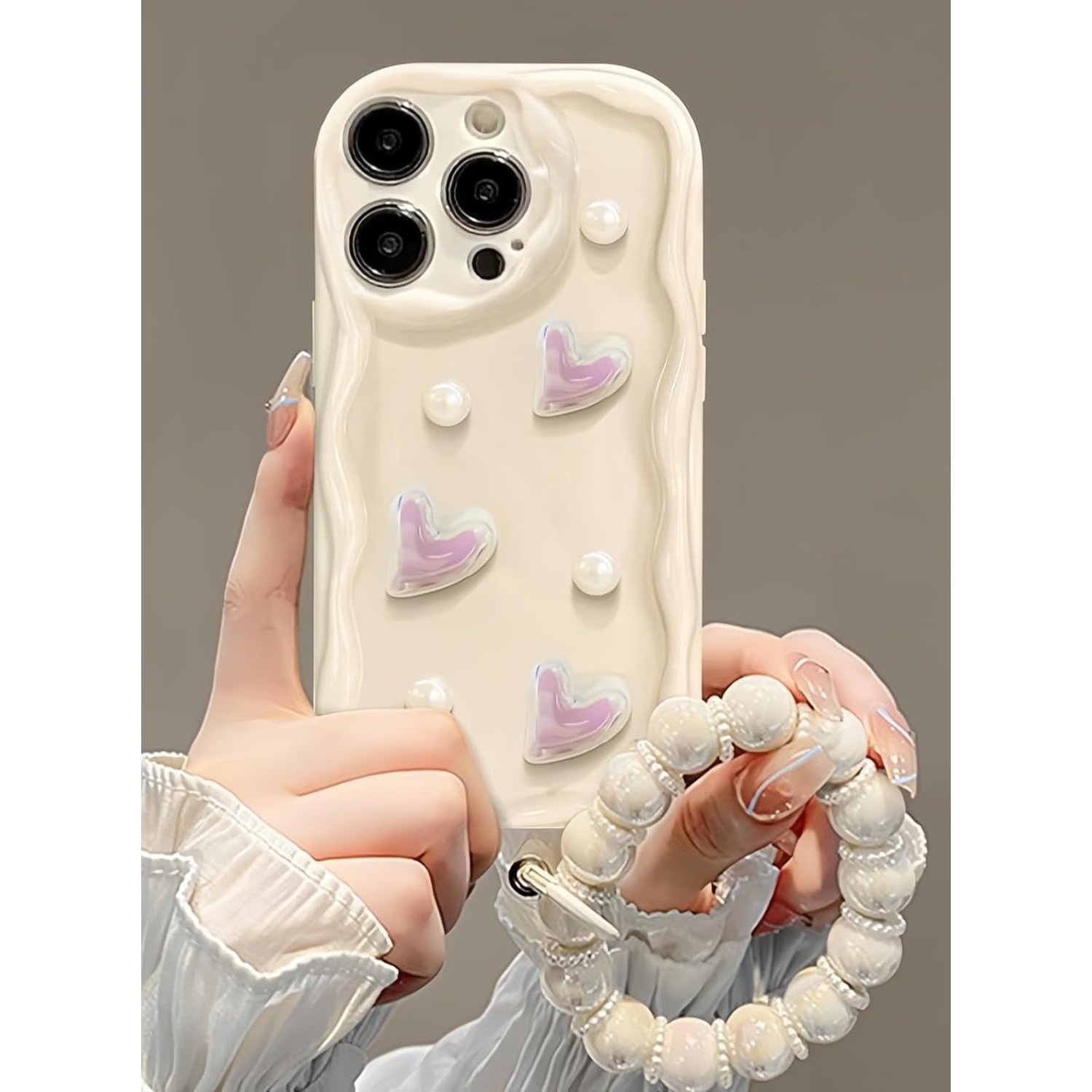 Compatible with iPhone 15 Pro Max Case Cute 3D Pearl Glitter Love Heart with Pearl Bracelet Chain Design