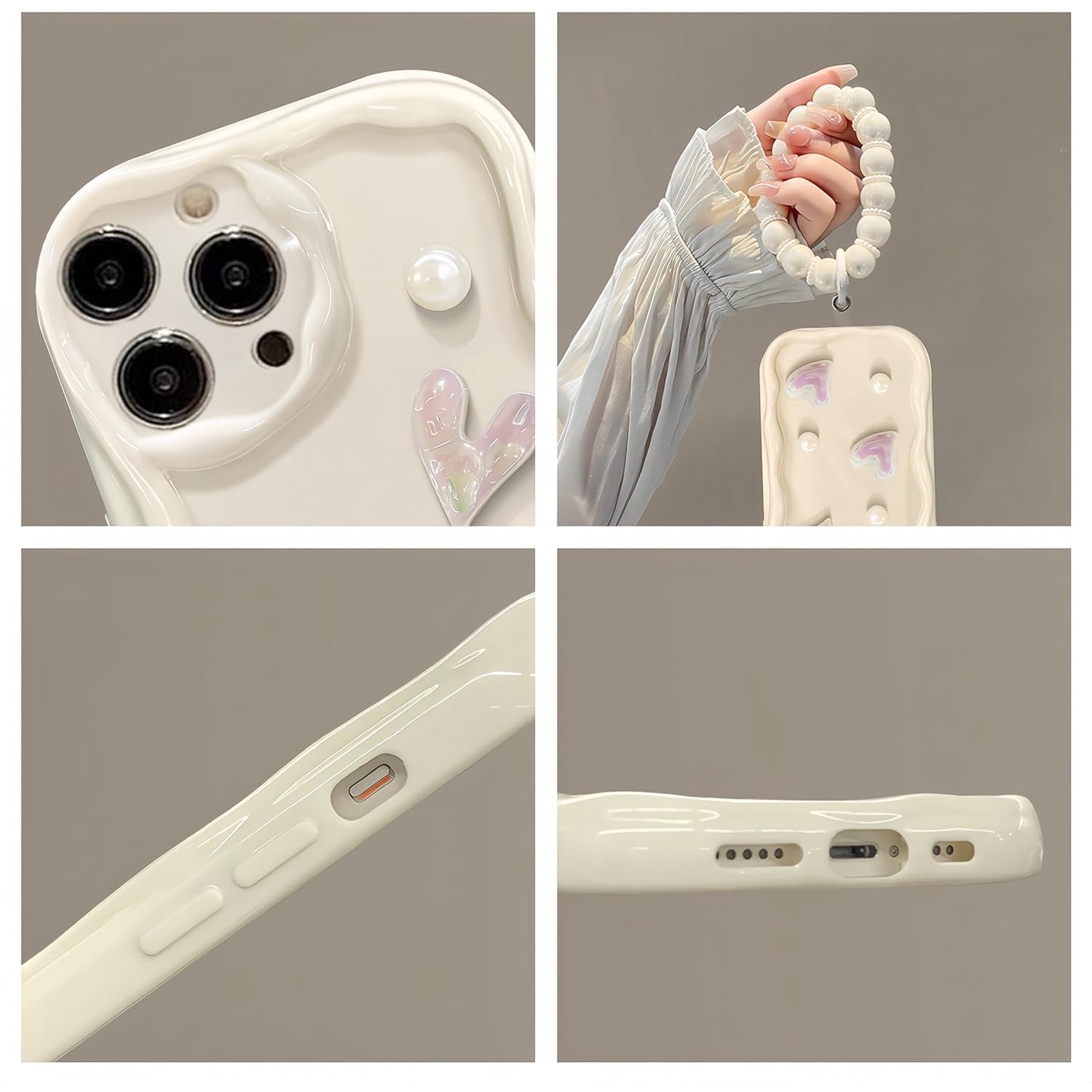 Compatible with iPhone 15 Pro Max Case Cute 3D Pearl Glitter Love Heart with Pearl Bracelet Chain Design