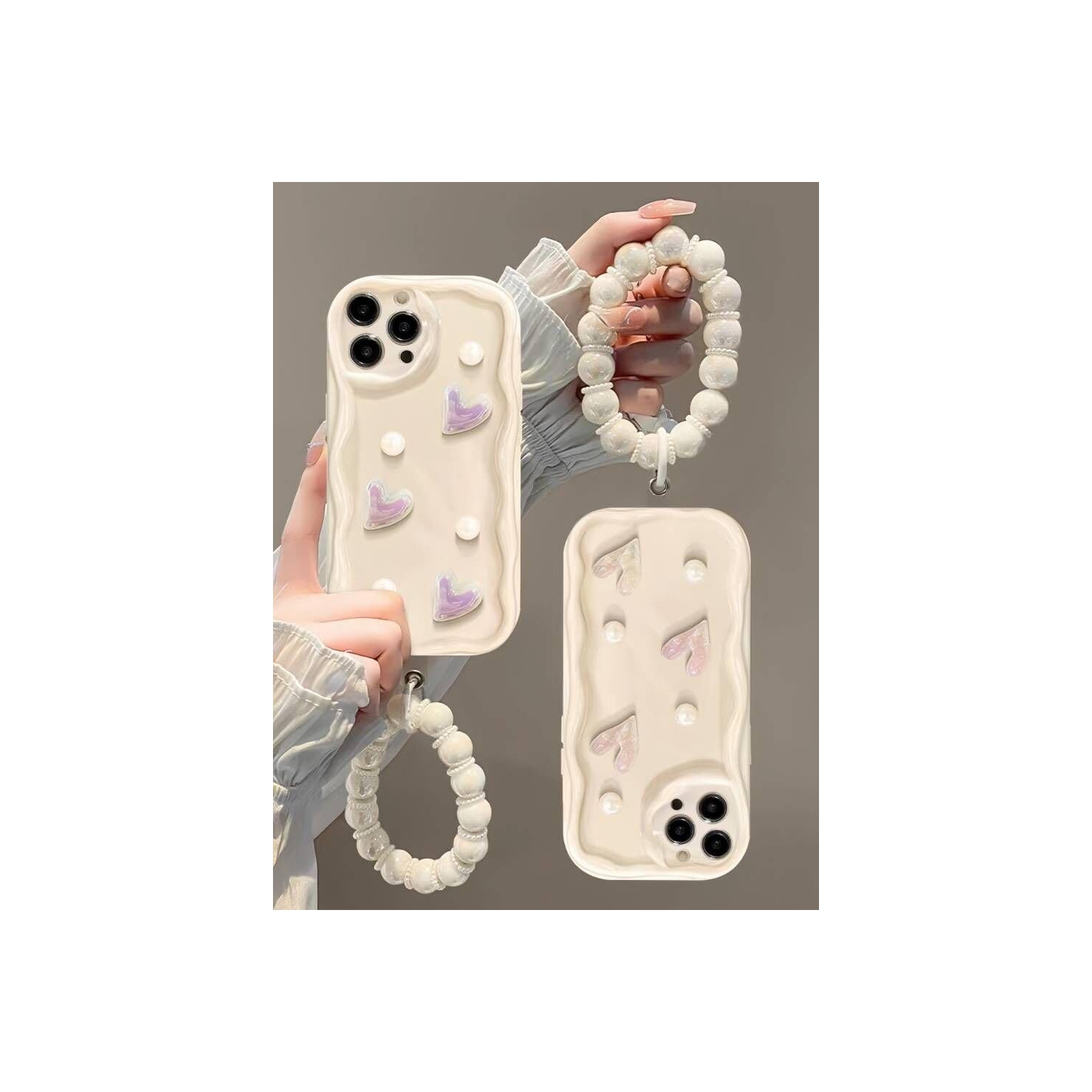 Compatible with iPhone 15 Pro Max Case Cute 3D Pearl Glitter Love Heart with Pearl Bracelet Chain Design