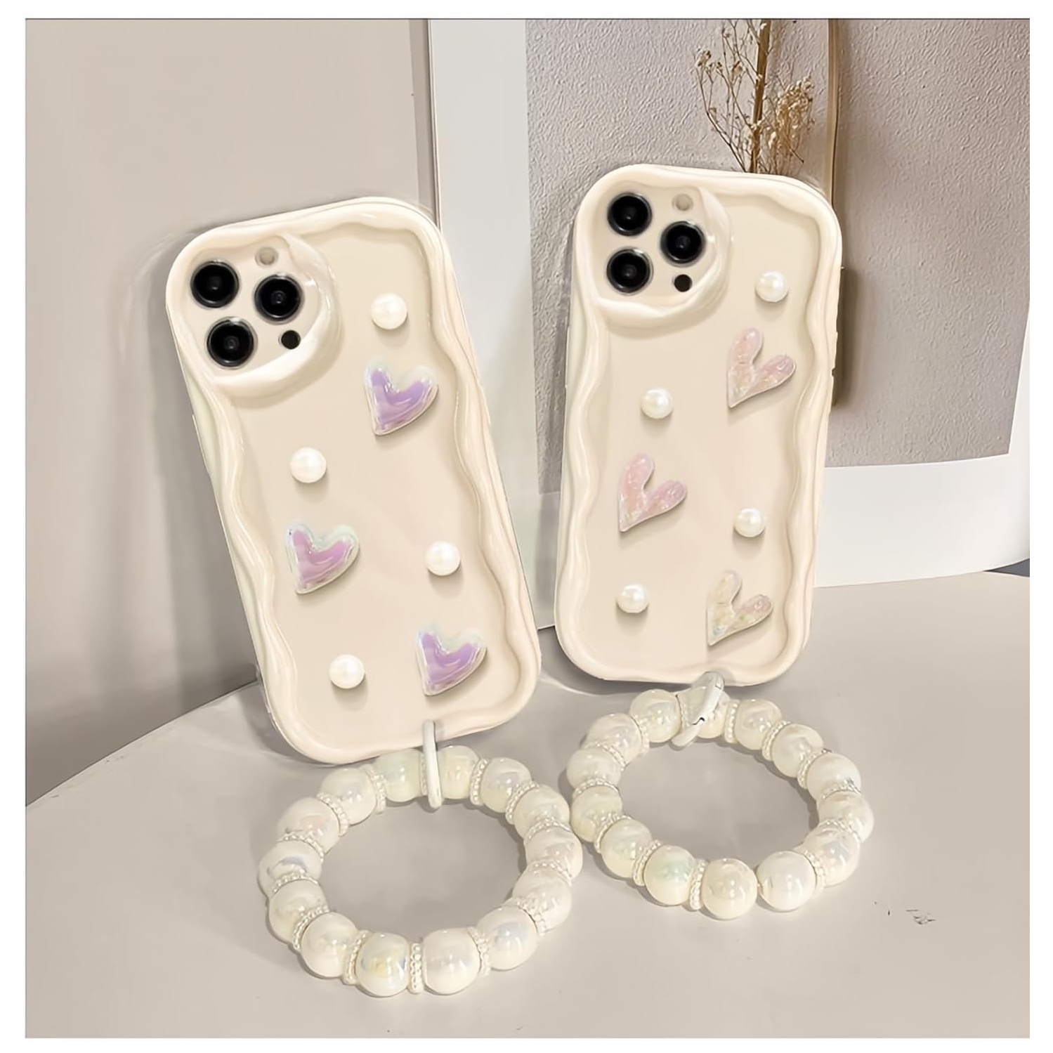 Compatible with iPhone 15 Pro Max Case Cute 3D Pearl Glitter Love Heart with Pearl Bracelet Chain Design