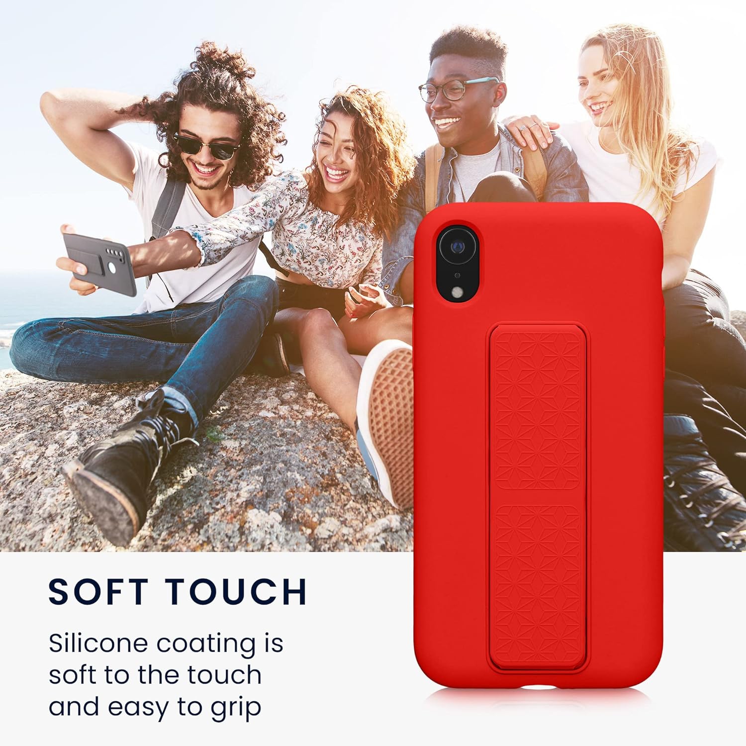 Case Compatible with Apple iPhone XR - Case with Hand Strap and Stand Soft TPU Silicone Coating - Red