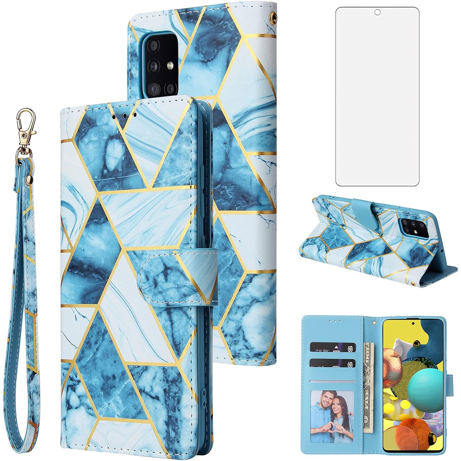 Compatible avec l'étui portefeuille en verre trempé avec support à cartes à rabat pour Galaxy A51 4G de Samsung