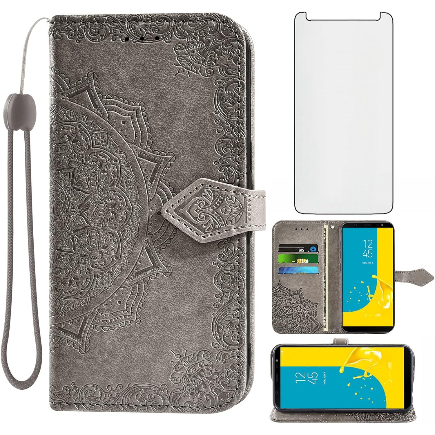 Compatible with Samsung Galaxy A6 Plus/J8 2018 Wallet Case and Tempered Glass Screen Protector Flip Cover Credit Card
