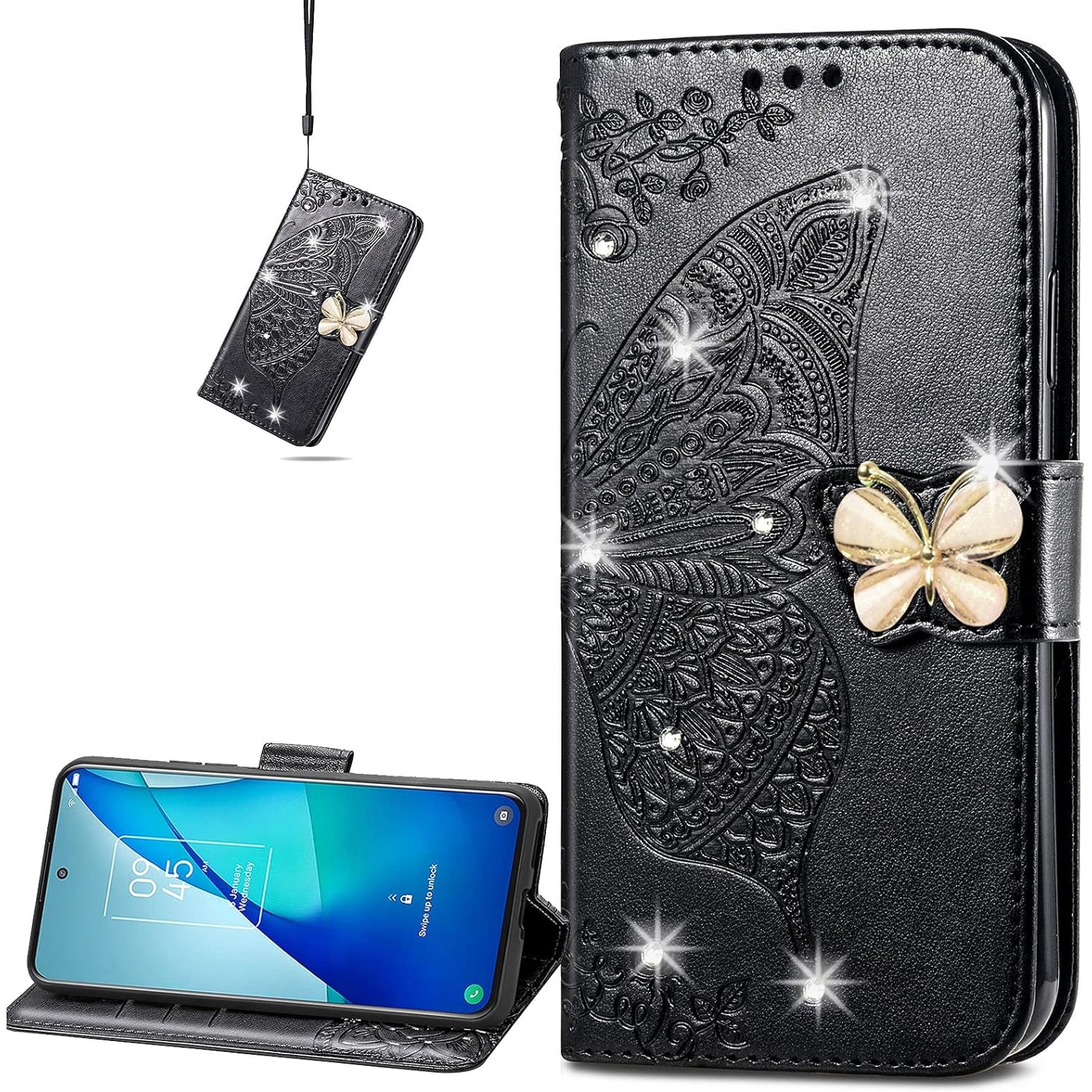 for TCL 20S Wallet Case,3D Butterfly PU Leather Shell with Credit Card Slots Case Cover for TCL 20S Rhinestone
