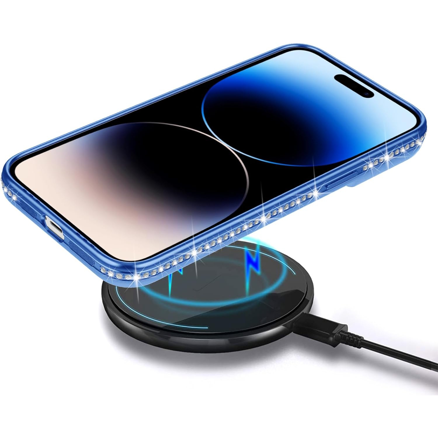 Conçu pour l'étui iPhone 14 plus, l'étui pour téléphone à incrustation diamant et placage de luxe pour femmes filles avec accessoire