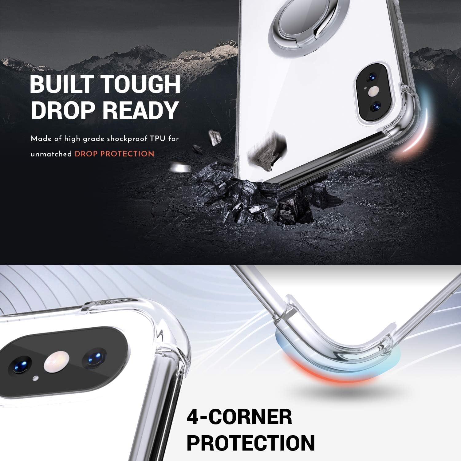 for iPhone X/Xs Phone Case Clear with Ring Kickstand, Protective Shock -Absorbing Bumper Shockproof Phone