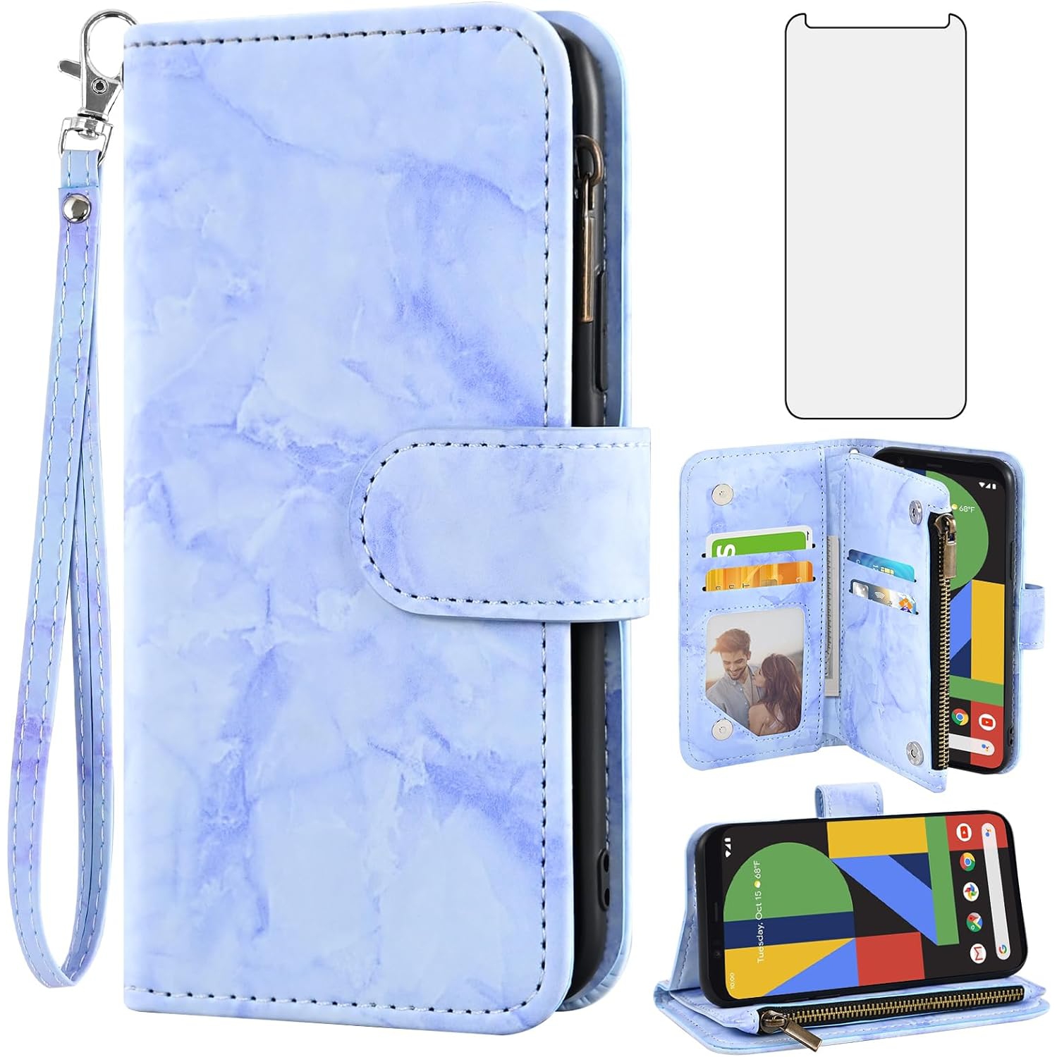 Phone Case for Google Pixel 4 XL Wallet Cell Cover with Tempered Glass Screen Protector and Marble Leather Flip